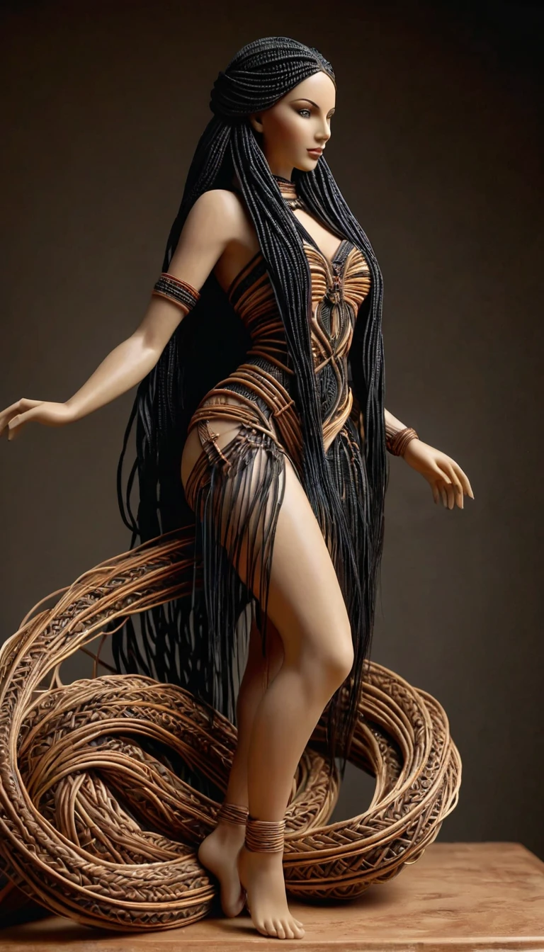 Sculpture du corp d'une sublime grande femme moderne faite en rotin tressés, corps entier, highly detailed rattan, very long black hair in dark raffia rope braids , Sculpture très détaillé, (proportions parfaites, sublime poitrine effet push-up,  long sublime legs very detailed, marche vers moi, me regarde droit dans les yeux, two perfectly detailed bare feet, fine and detailed hands, Perfect face very detailed), (Best quality, 8k,masterpiece:1.2, hyperRéaliste:1.2), ((marche vers moi, me fait face))