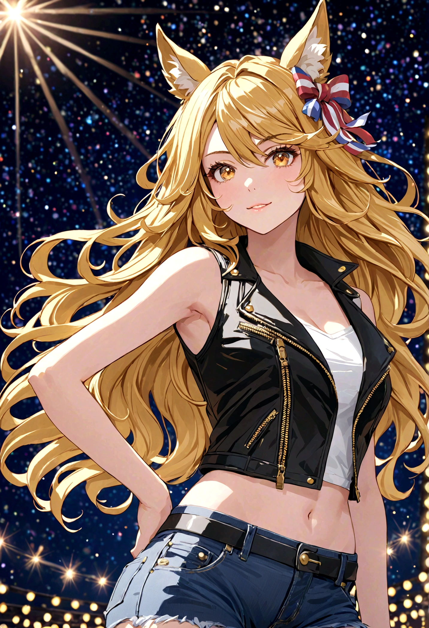 gold_city, umamusume, cygames, detailed, beautiful golden wave long hair, shiny elegant, One handed akimbo, posing, long white legs, show shoulders and arms, short jeans, open sleeveless denim black leather jacket, stage full of lights background