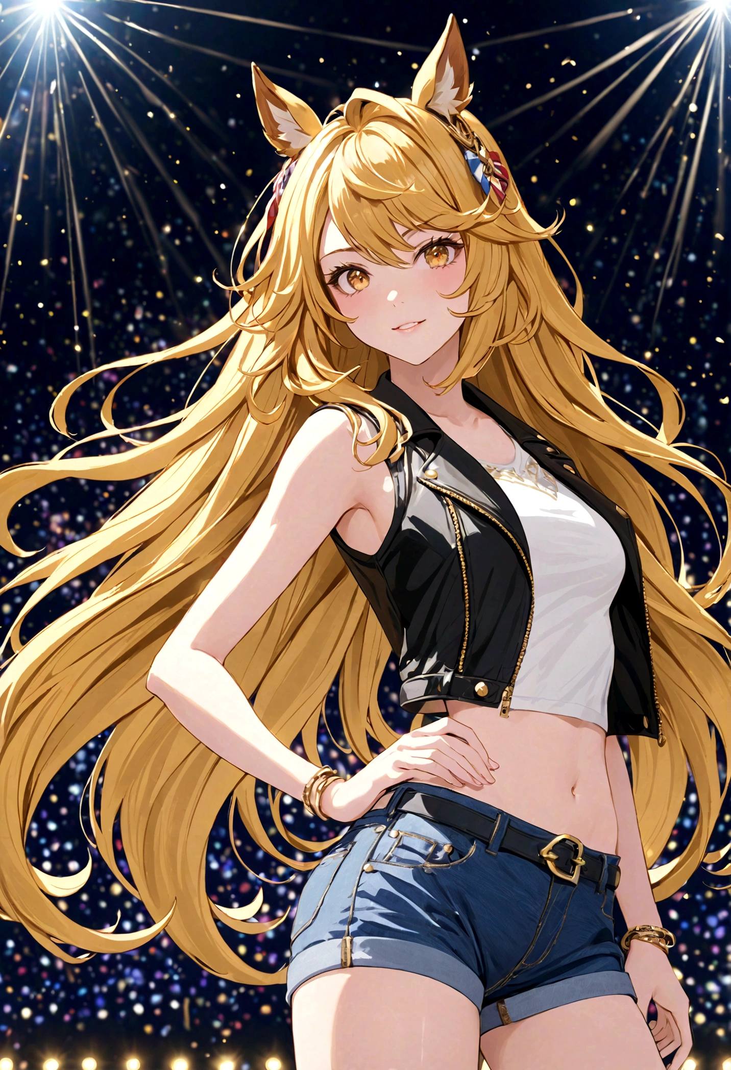 gold_city, umamusume, cygames, detailed, beautiful golden wave long hair, shiny elegant, One handed akimbo, posing, long white legs, show shoulders and arms, short jeans, open sleeveless denim black leather jacket, stage full of lights background