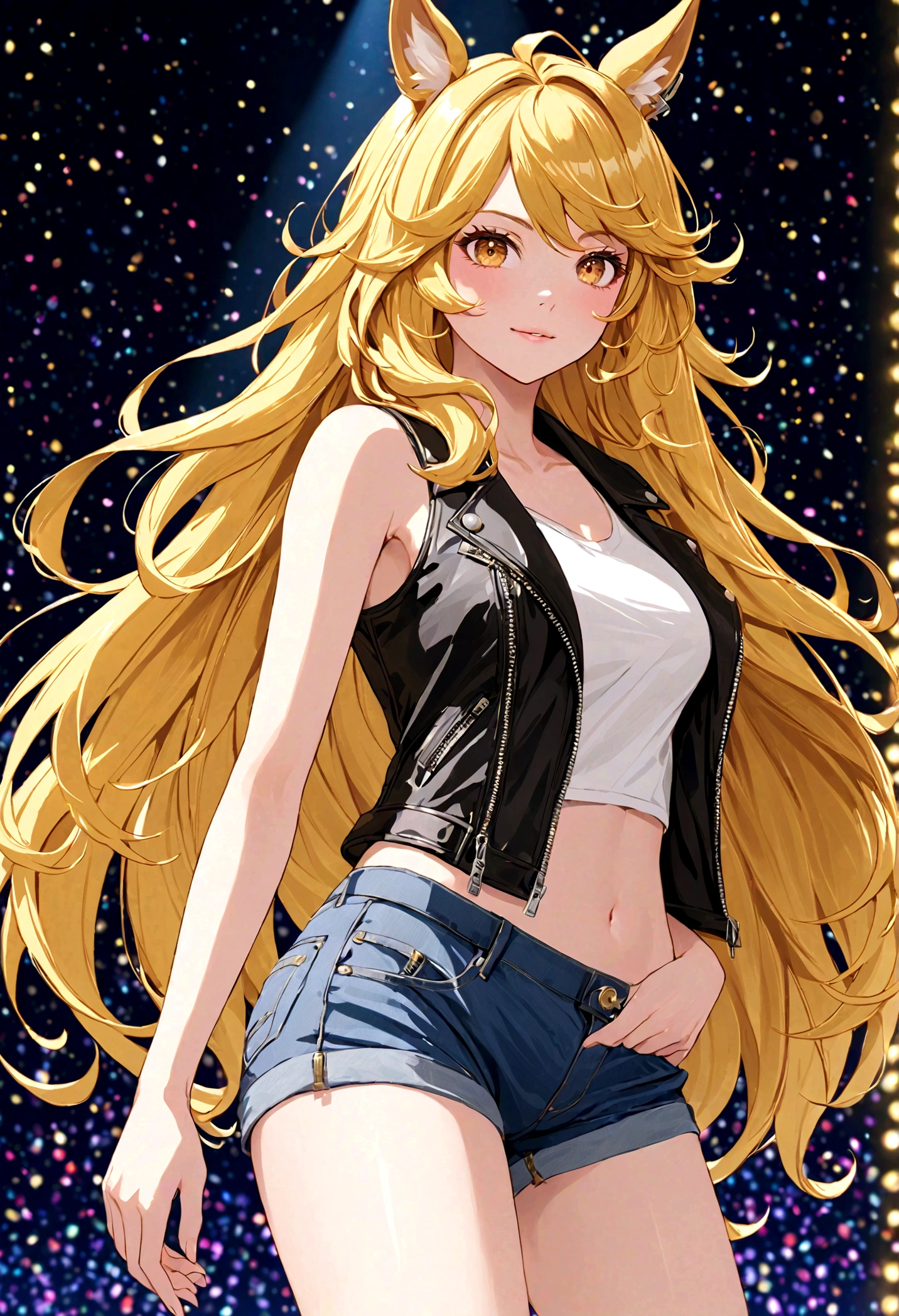 gold_city, umamusume, cygames, detailed, beautiful golden wave long hair, shiny elegant, One handed akimbo, posing, long white legs, show shoulders and arms, short jeans, open sleeveless denim black leather jacket, stage full of lights background