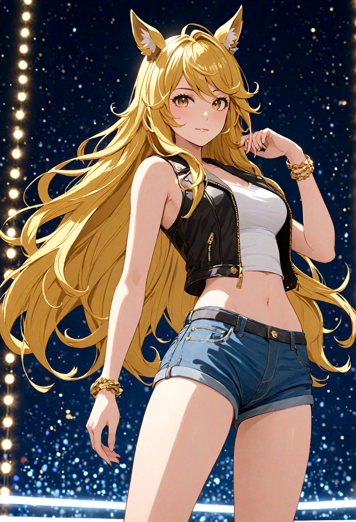 gold_city, umamusume, cygames, detailed, beautiful golden wave long hair, shiny elegant, One handed akimbo, posing, long white legs, show shoulders and arms, short jeans, open sleeveless denim black leather jacket, stage full of lights background