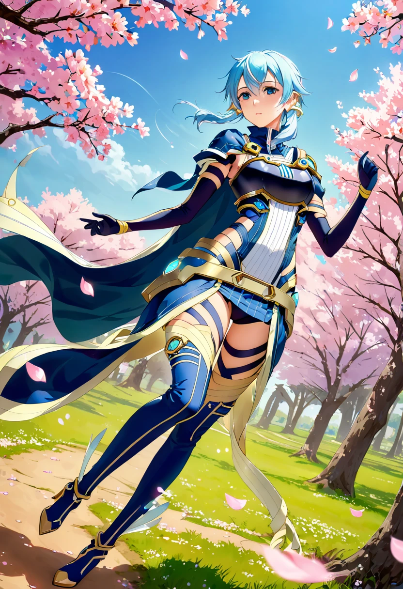 alone, 1 girl, sinonsolus, keep, arms, Focus on women, Cape, armor, Sacred Bow Annihilate Ray, Handguard, breastplate, full armor，Thigh High High Heel Boots, Cherry blossoms bloom all over the ground，Background of falling cherry blossom petals　(((masterpiece)))， ((highest quality))， ((Intricate details))　(8k)