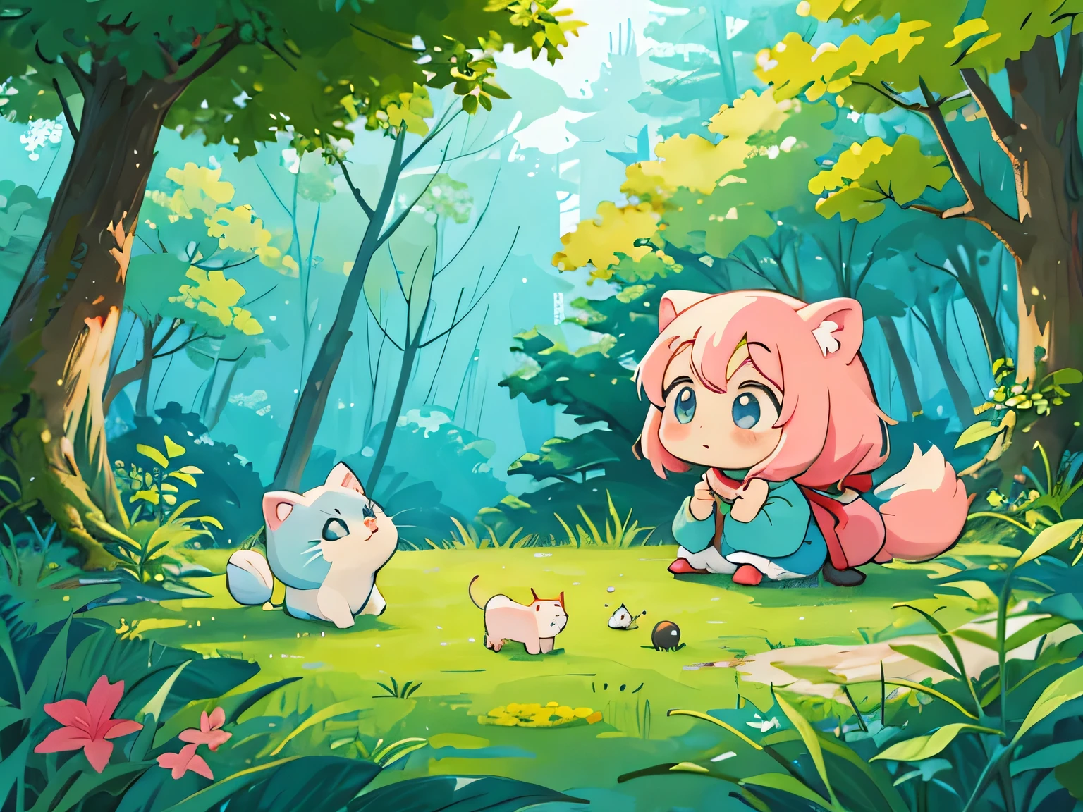 Hayao Miyazaki style, Kawaii Design, The most beautiful girl of all time、Chibi, play together、Colorful and cute forest animals