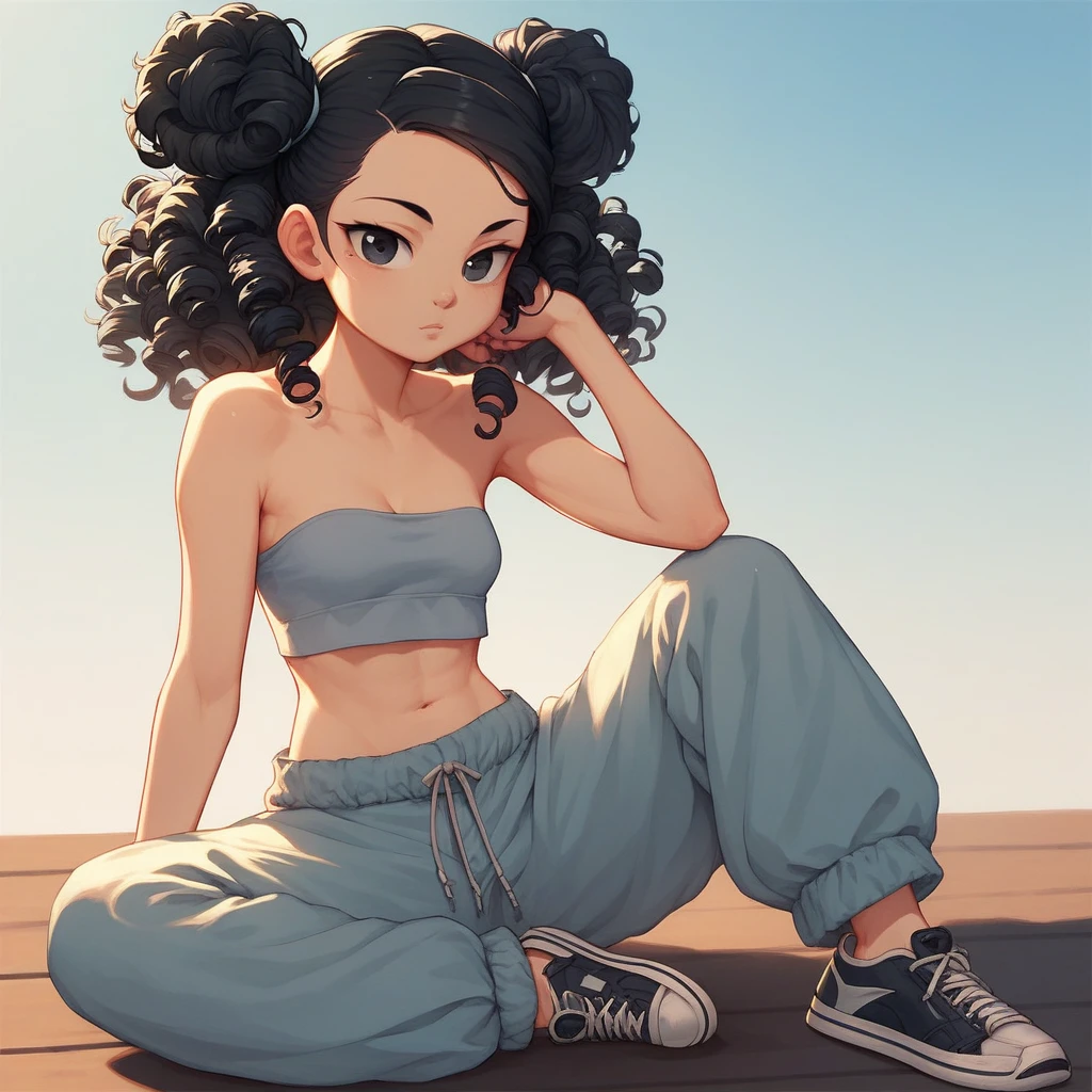 score_9, score_8up, Mulan, female, black hair, black eyes, two curly top hair knot buns with two curly hair strands on the side, strapless crop top, baggy pants, high-top sneakers, small breasts, solo, cleavage