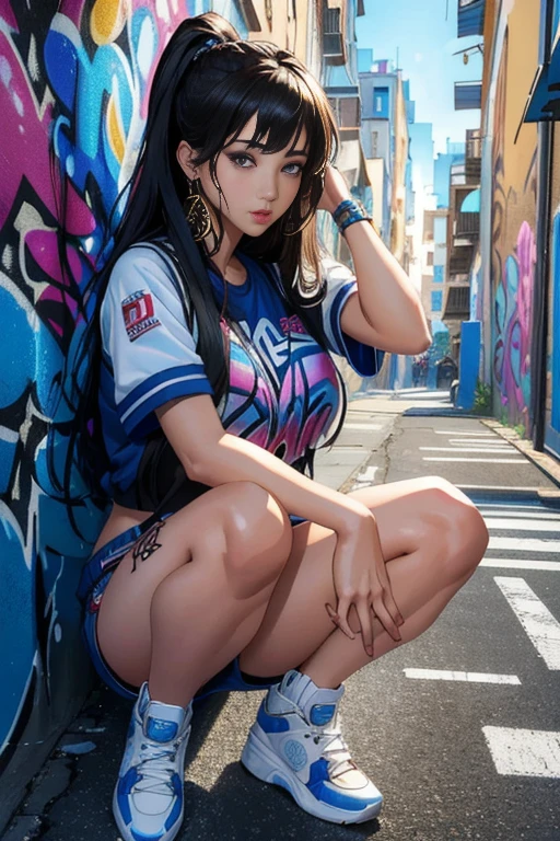 masterpiece,best quality,ultra-detailed,8k,high resolution,Back Alley Woman、(Super Detail)、(8k)、((Modern Hip Hop))、(Graffiti wall)、(Esbian all over)、(Highly detailed face)、(Detailed feet)、(Detailed hands)、(Cold Face)、(Sitting with knees raised)、(Place your hands on your knees),Crouching