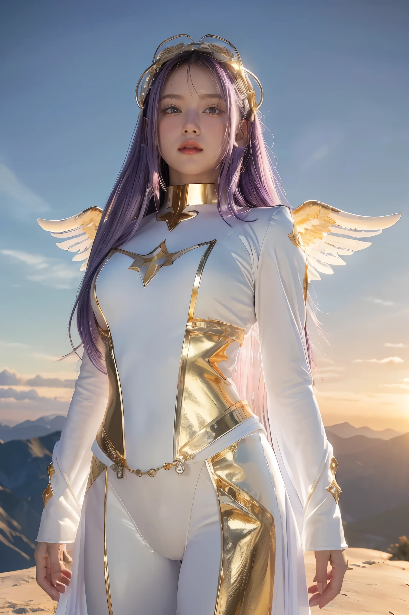 ((masterpiece, best quality, extremely detailed), volumetric lighting, ambient occlusion, colorful, glowing), 
1girl, solo, young girl, (purple hair), long hair, halo, aura, sacred, goddess, cleric suit, (white outfit with gold detailst:1.3), angel wings,
outdoors, sunset, sky, clouds, space, (fantasy theme:1.2),