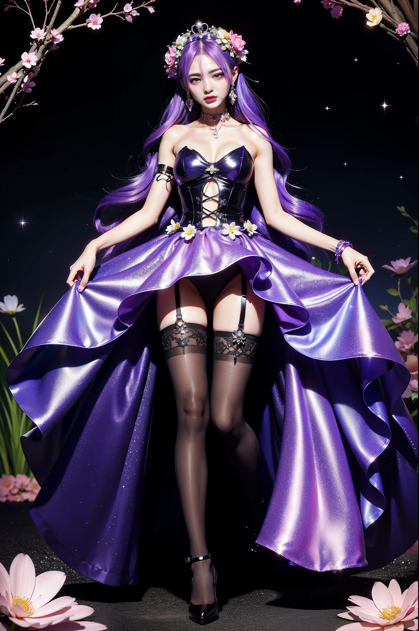 ultra stylish female who controls poison、lip-gloss、intense makeup、look at the camera、full body Esbian、、sparkling poisoned flower costume、、、、shiny sparkling multicolor hair、secrete poison、skull hair accessories、net tights、shiny sparkling flowers background