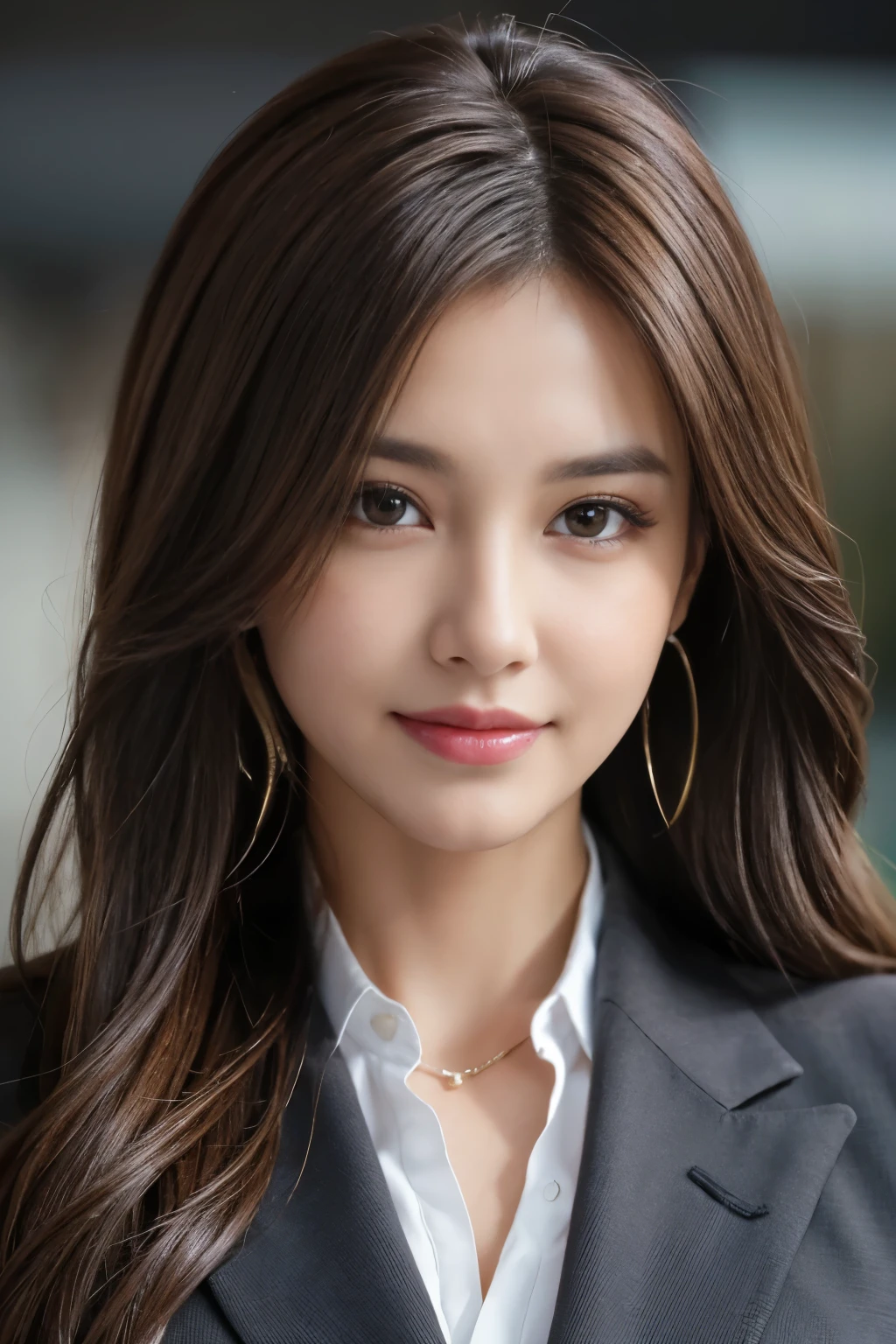 Tabletop, highest quality, Realistic, Super detailed, In detail, High resolution, 8k wallpaper, 1. Beautiful Women,, Light brown messy hair, Wearing a business suit, Sharp focus, Perfect dynamic composition, Beautiful fine details, Fine hair, Detailed and realistic skin texture, smile, Close-up portrait, Model Body Type
