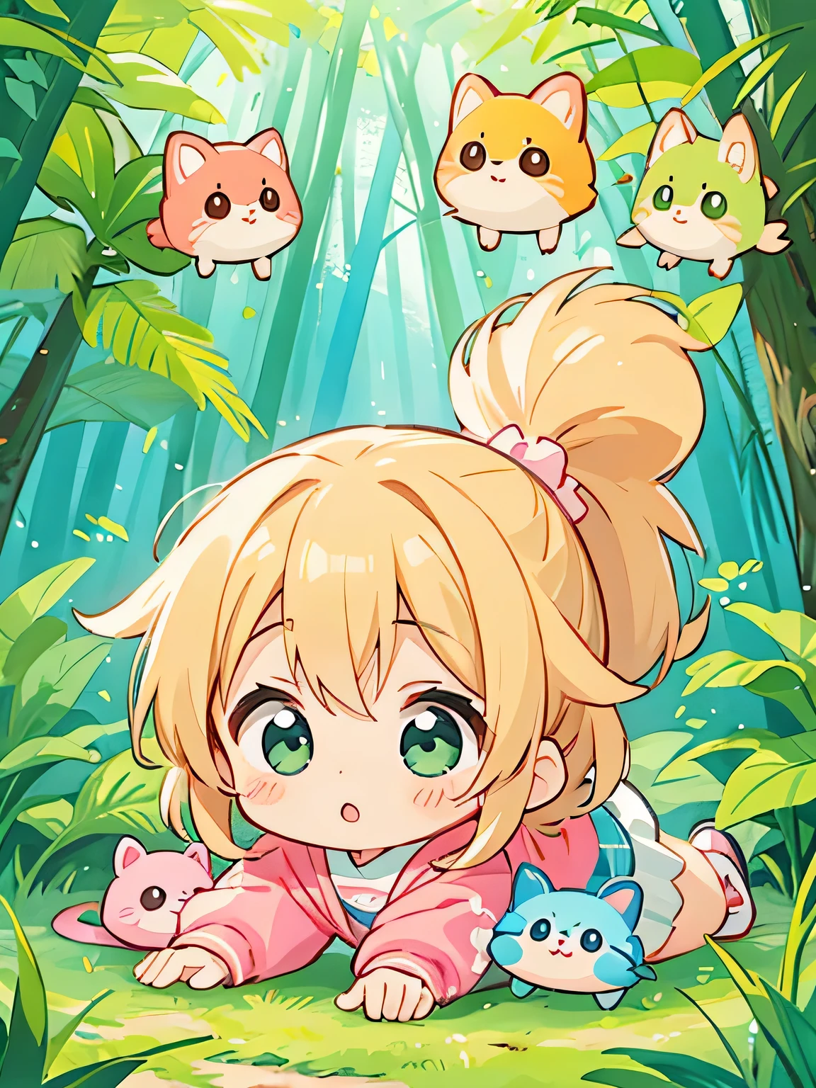 watase Seizo style, Kawaii Design, The most beautiful girl of all time、Chibi, play together、Colorful and cute forest animals