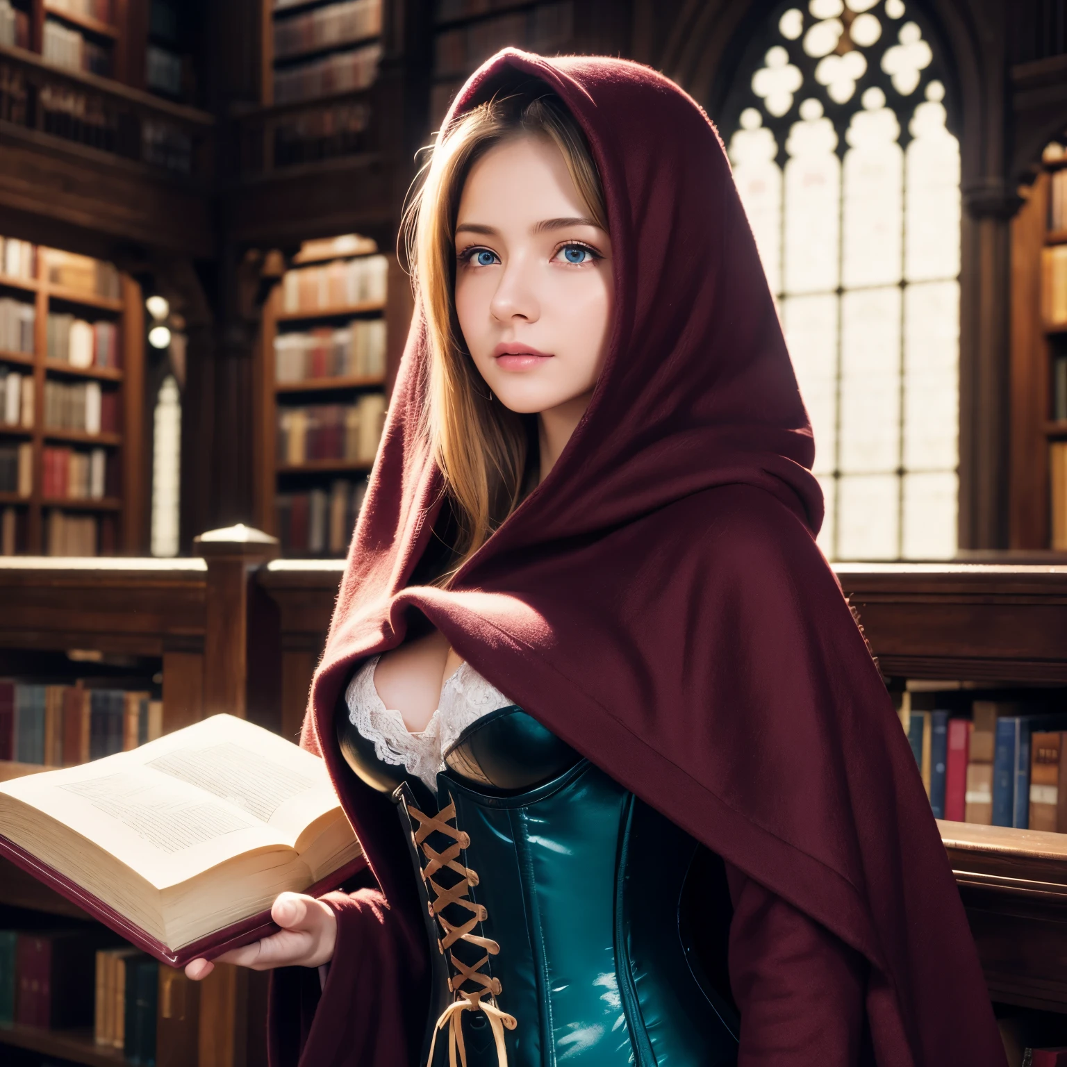 1girl, Cute witch girl, wearing large maroon hoodie, black corset, holding a book, trinity library background (photo realistic:1.4), (hyper realistic:1.4), (realistic:1.3), (smoother lighting:1.05), (increase cinematic lighting quality:0.9), 32K, yo girl, realistic lighting, backlighting, light on face, ray trace, wolf blonde hair with blue eyes, black corset, trimmed leg wear, huge maroon hood up, gorgeous face, high resolution, detailed face, not smiling, long hall library background, hair covering half of the face (brightening light:1.2), (Increase quality:1.4), (best quality real texture skin), finely detailed eyes, finely detailed face, (tired and sleepy and satisfied:0.0), (Increase body line mood:1.1), shiny skin
