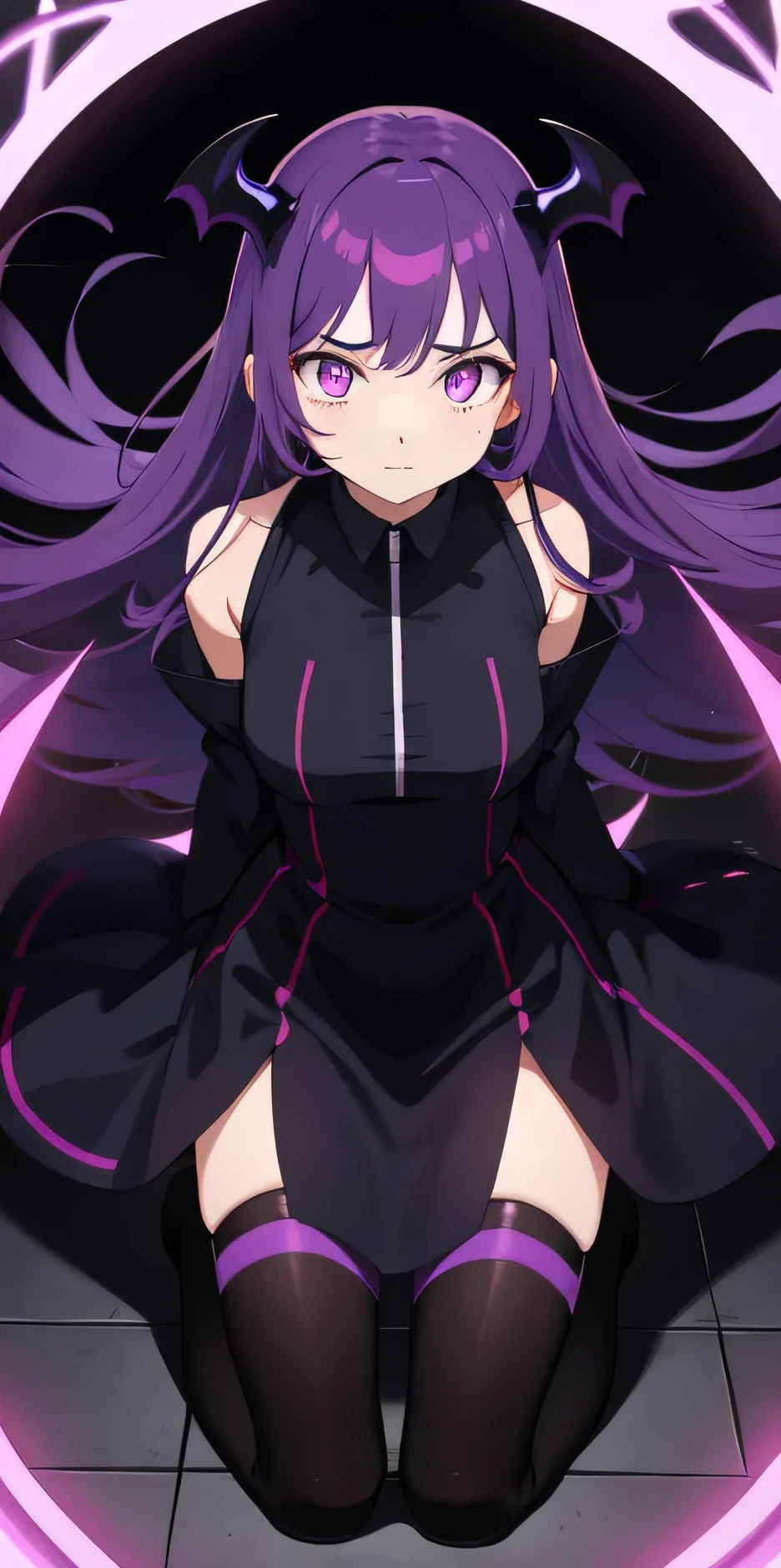 1 girl,kneeling,facing towards viewer,crazed expression,glowing bright purple eyes,demonic presence,unleashing powerful purple aura due to madness and sorrow