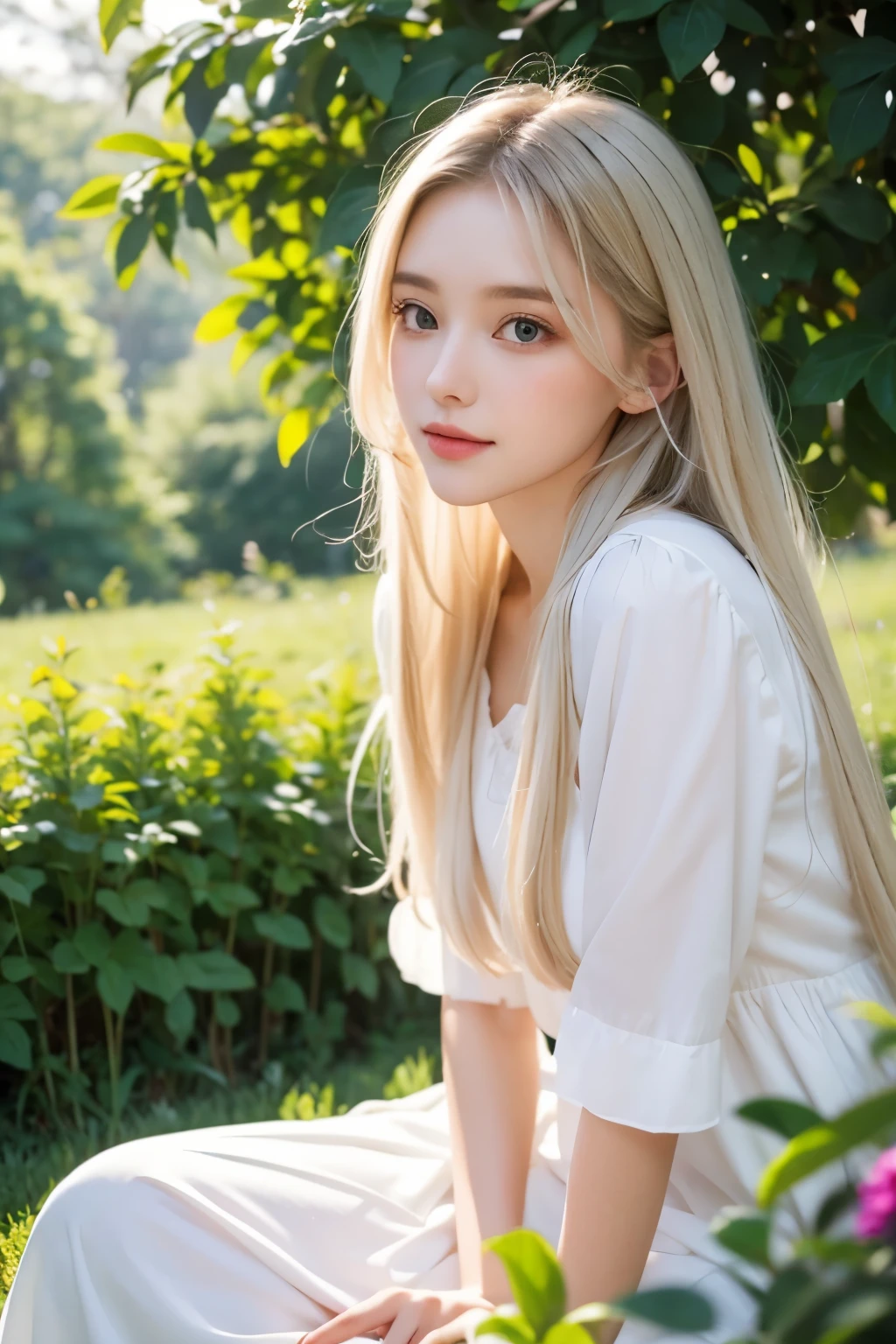 (masterpiece, best quality),1Beautiful girl with long white hair sitting in a field of green plants and flowers, Her hands are under her chin, warm lighting, white dress, blurry view