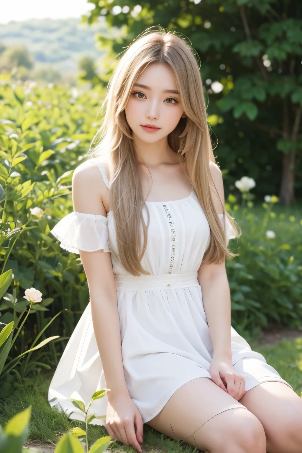 (masterpiece, best quality),1Beautiful girl with long white hair sitting in a field of green plants and flowers, Her hands are under her chin, warm lighting, white dress, blurry view