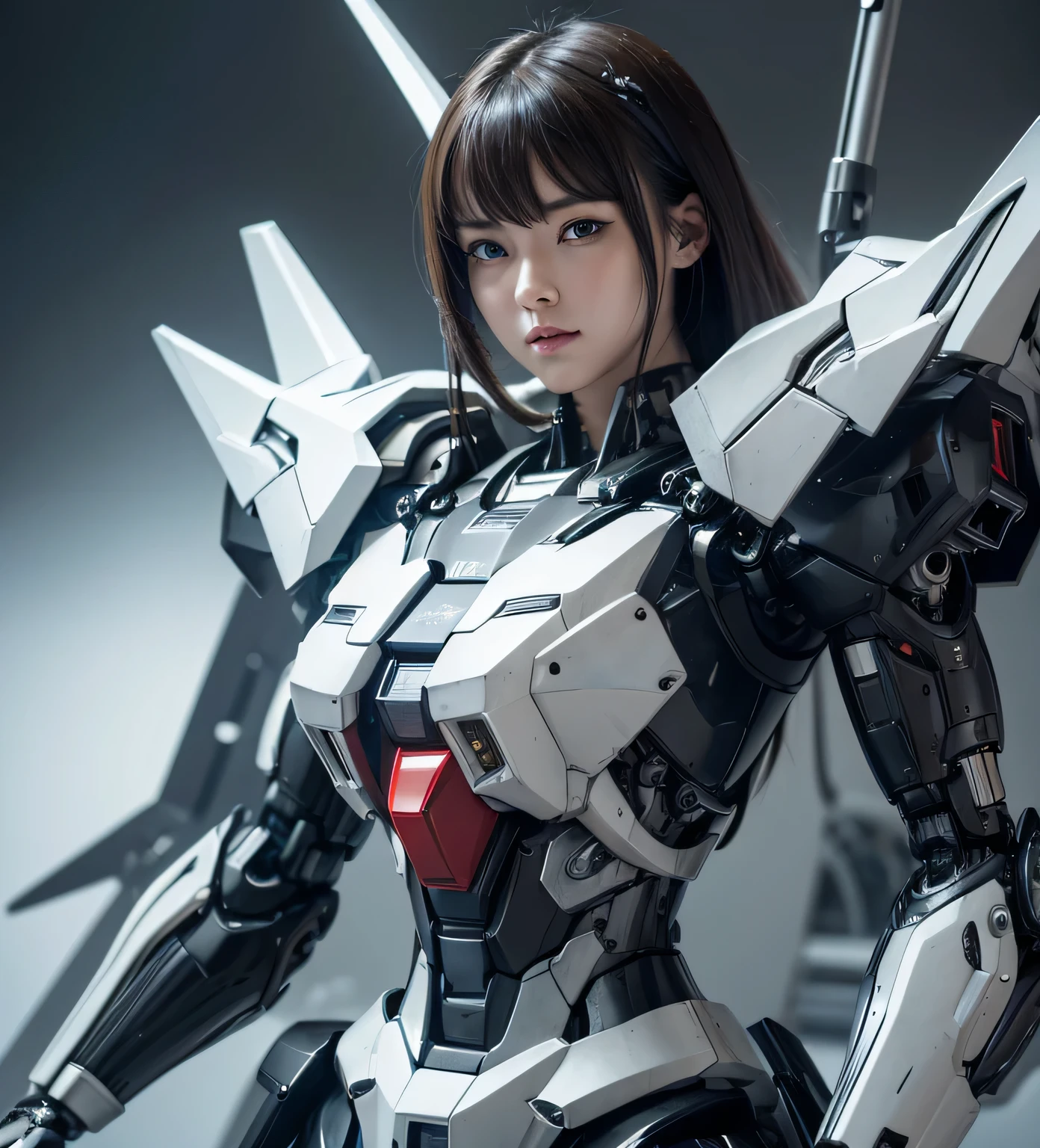 Textured skin, Super Detail, Attention to detail, high quality,high quality, High resolution, 1080p, hard disk, beautiful,(Gundam),Beautiful cyborg woman,Mecha Cyborg Girl,battle mode,Girl with a mechanical body,She wears a futuristic Gundam mecha,Full Body Shot,A powerful cyborg woman, sleek and futuristic, with advanced mechanical augmentations that enhance her strength and capabilities