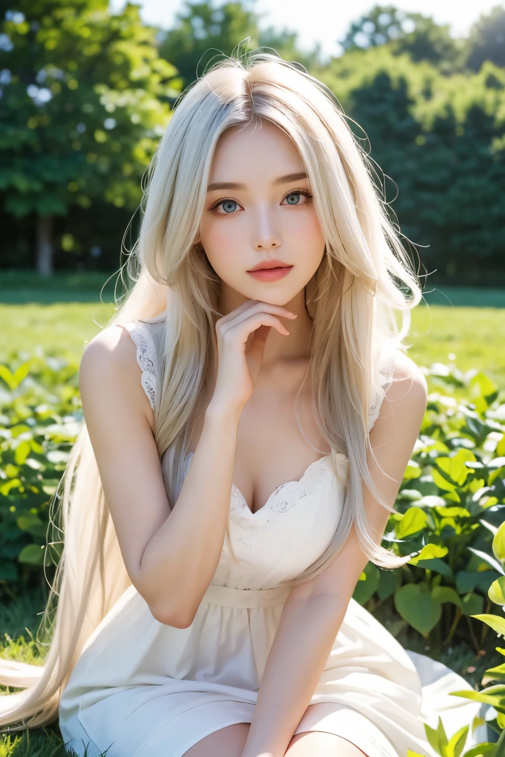 (masterpiece, best quality),1Beautiful girl with long white hair sitting in a field of green plants and flowers, Her hands are under her chin, warm lighting, white dress, blurry view