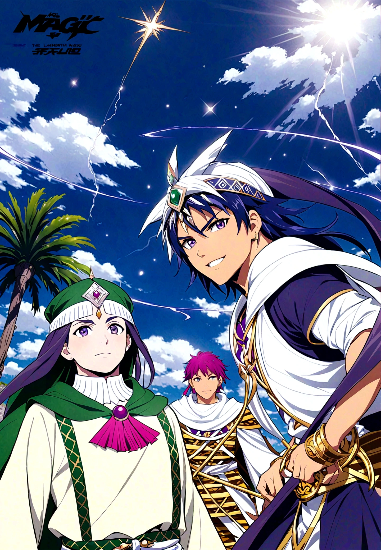 apanese Manga "Magi: The Labyrinth of Magic", sinbad, magi, 1boy, solo, Male focus, looking at the viewer, jewelry, purple hair, brown eyes, long hair, deep eyes, handsome appearance and heroic temperament, gorgeous clothing, wearing headdress and jewelry, showing aristocratic majesty and elegance, his burly and strong figure, showing his strong fighting ability and leadership style, magic tools, magic battle, lightning explosion, masterpiece, best quality, high quality, full body, long shot