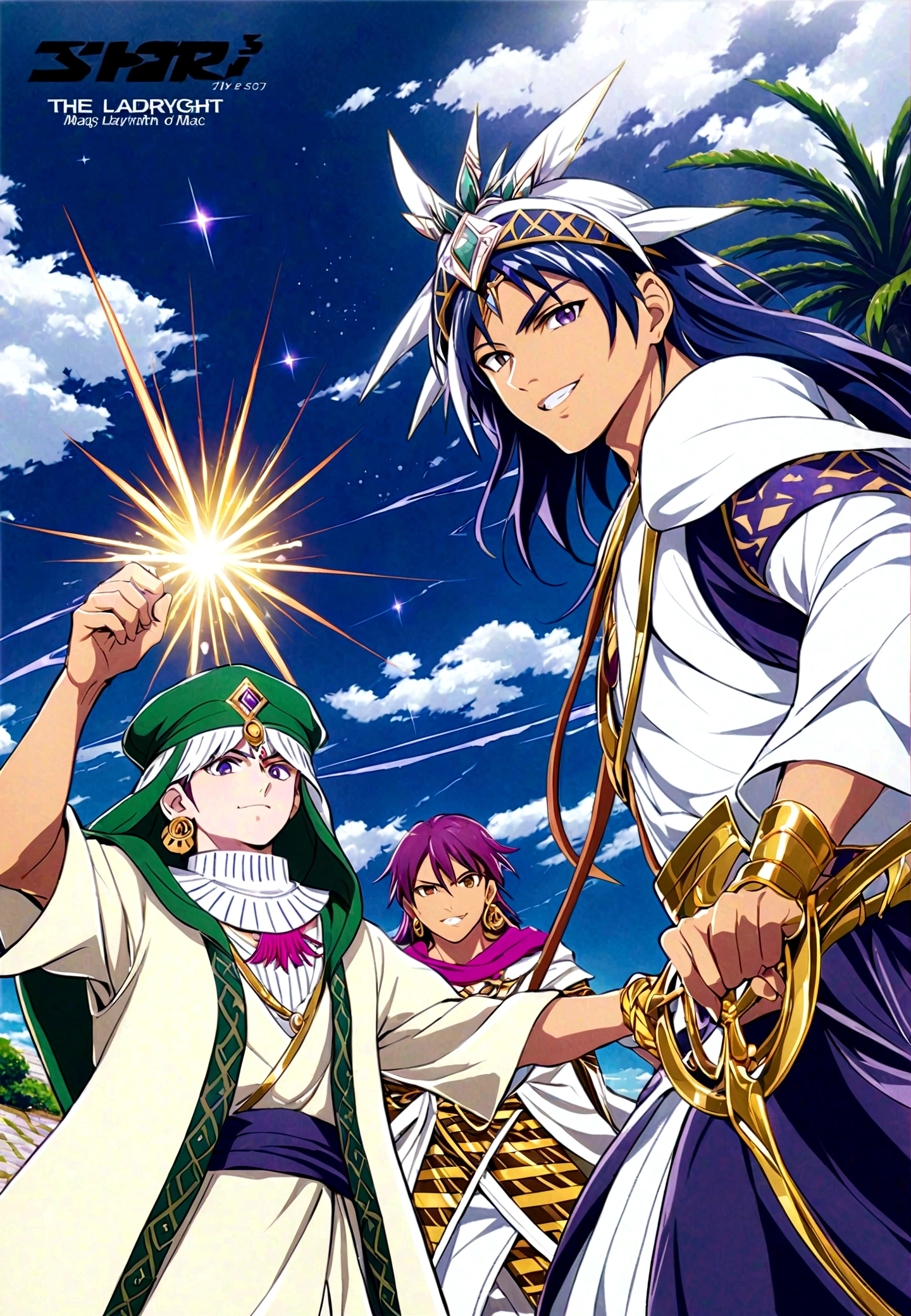 apanese Manga "Magi: The Labyrinth of Magic", sinbad, magi, 1boy, solo, Male focus, looking at the viewer, jewelry, purple hair, brown eyes, long hair, deep eyes, handsome appearance and heroic temperament, gorgeous clothing, wearing headdress and jewelry, showing aristocratic majesty and elegance, his burly and strong figure, showing his strong fighting ability and leadership style, magic tools, magic battle, lightning explosion, masterpiece, best quality, high quality, full body, long shot
