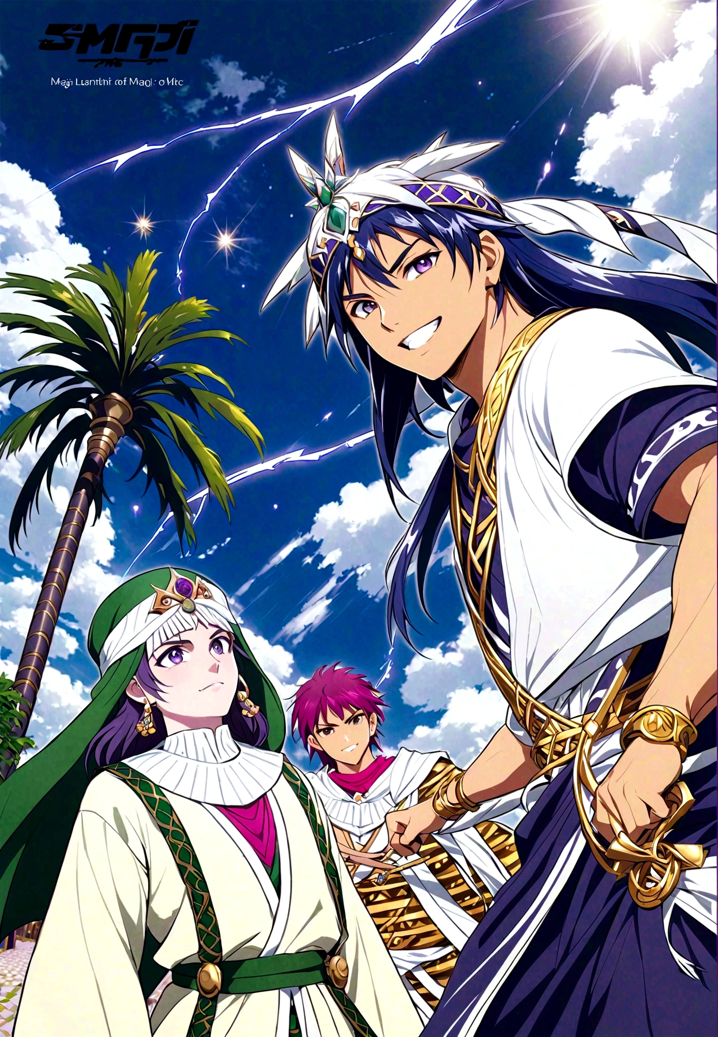 apanese Manga "Magi: The Labyrinth of Magic", sinbad, magi, 1boy, solo, Male focus, looking at the viewer, jewelry, purple hair, brown eyes, long hair, deep eyes, handsome appearance and heroic temperament, gorgeous clothing, wearing headdress and jewelry, showing aristocratic majesty and elegance, his burly and strong figure, showing his strong fighting ability and leadership style, magic tools, magic battle, lightning explosion, masterpiece, best quality, high quality, full body, long shot