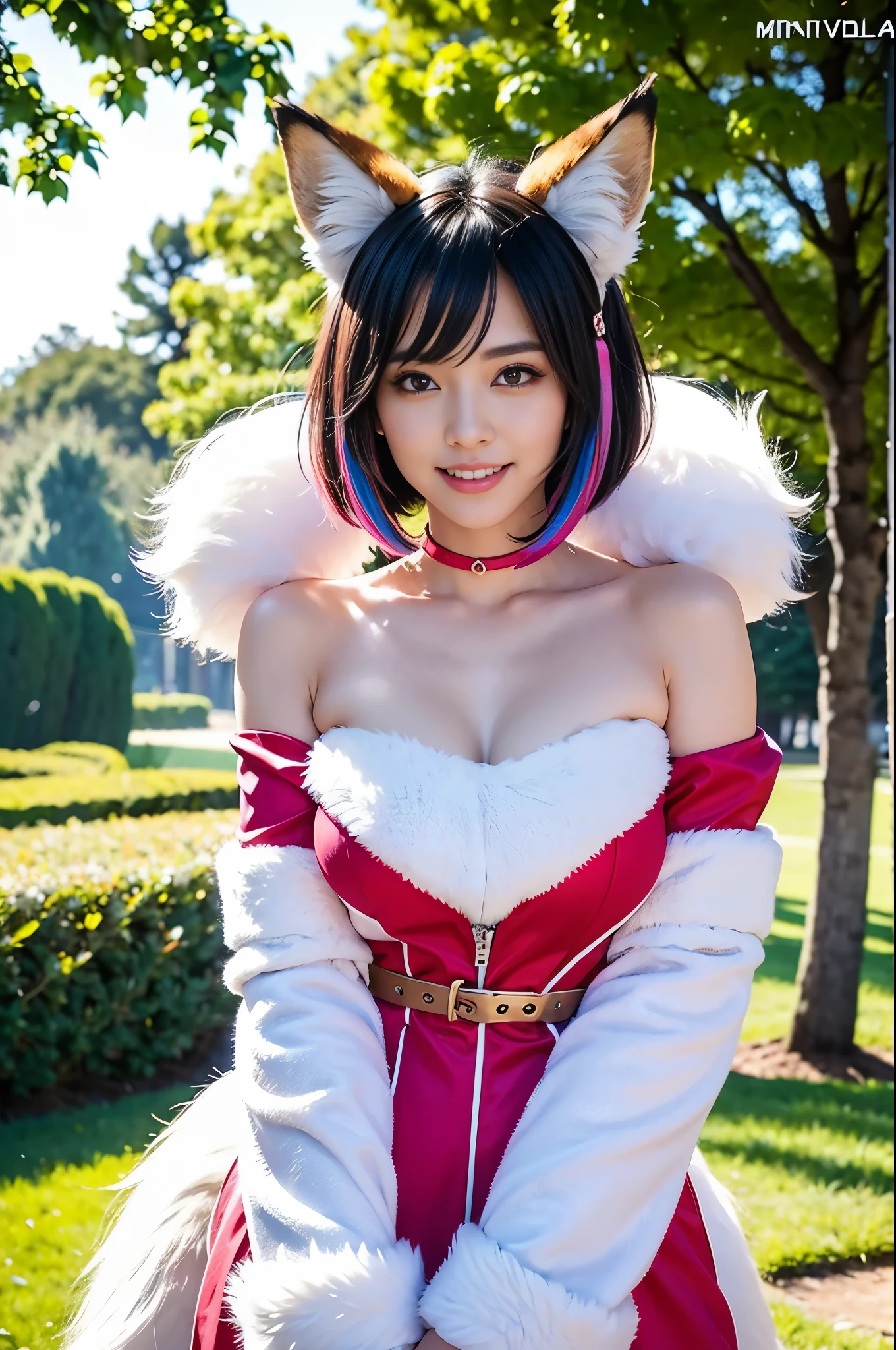 ultra sexy Swedish model, (-anime), only 1 female, very short hair, beautiful smile, lip-gloss, long lashes, defined eyebrows, fluffy fur fox cosplay, fluffy fur vivid colors outfit, fox cosplay accessoires, fox ears, vivid colors, look at the camera, cinematic light, large park background with trees, sweet and sexy pose