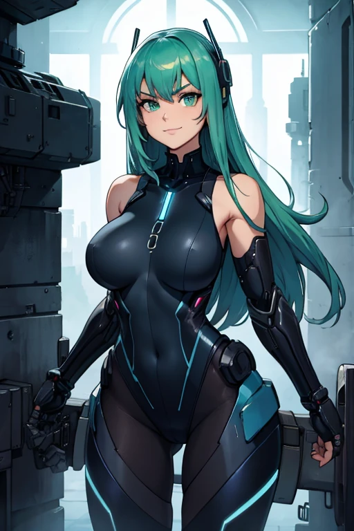 female, blue green long hair, green eyes, (((1girl))), (((dark blue sleeveless cybernetic bodysuit))), (cybernetic gauntlets), (cybernetic boots), (black belt), cute and sexy, big breasts, big butt, full body, long legs, smiling