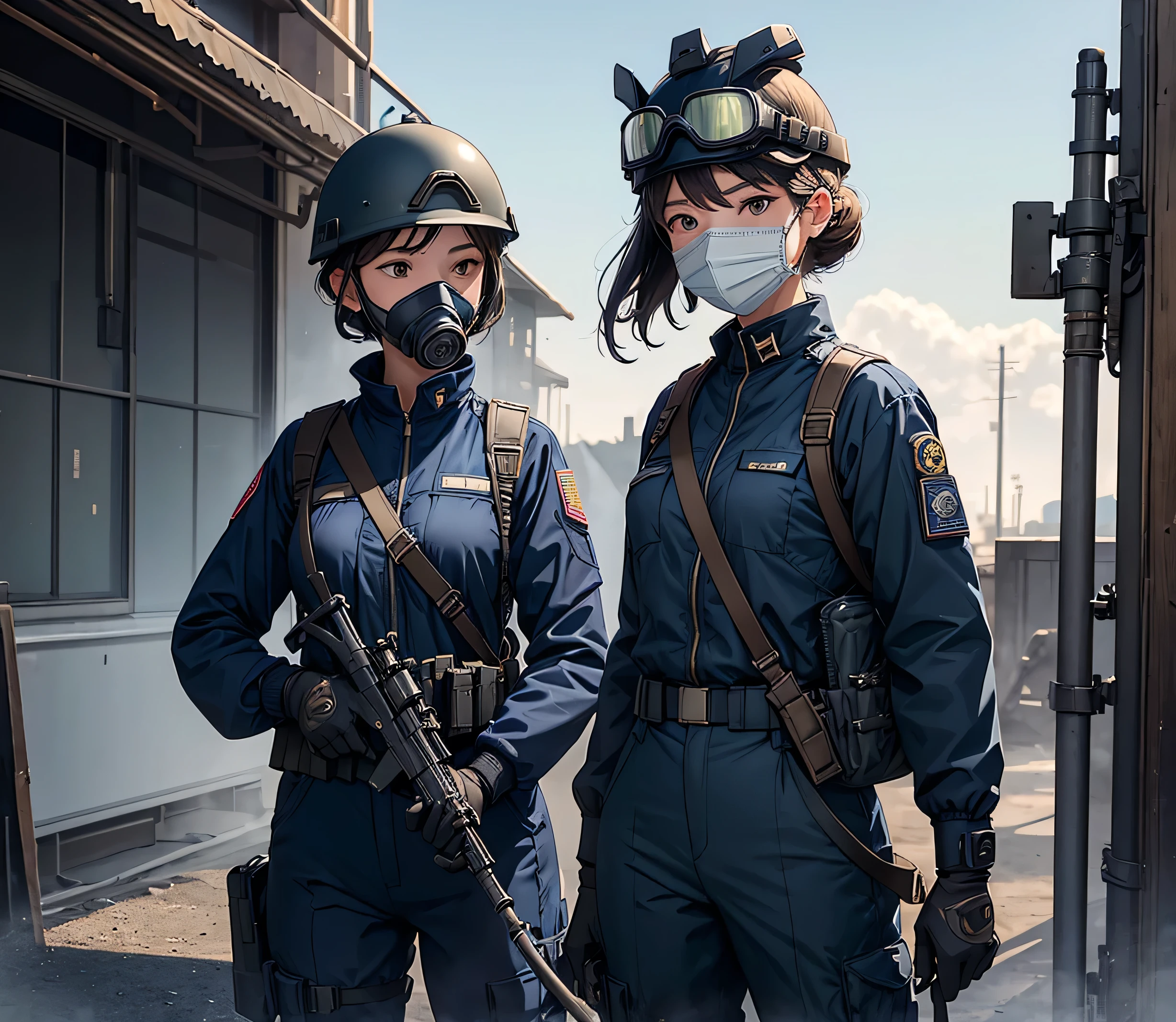 Four female soldiers、Standing guard at the front、Wearing navy blue M-51 jacket、Wearing a navy blue helmet、Gas Mask、Goggles、Military Pants、Show above thigh、Write details、masterpiece、best quality、Highly detailed CG、8K picture quality