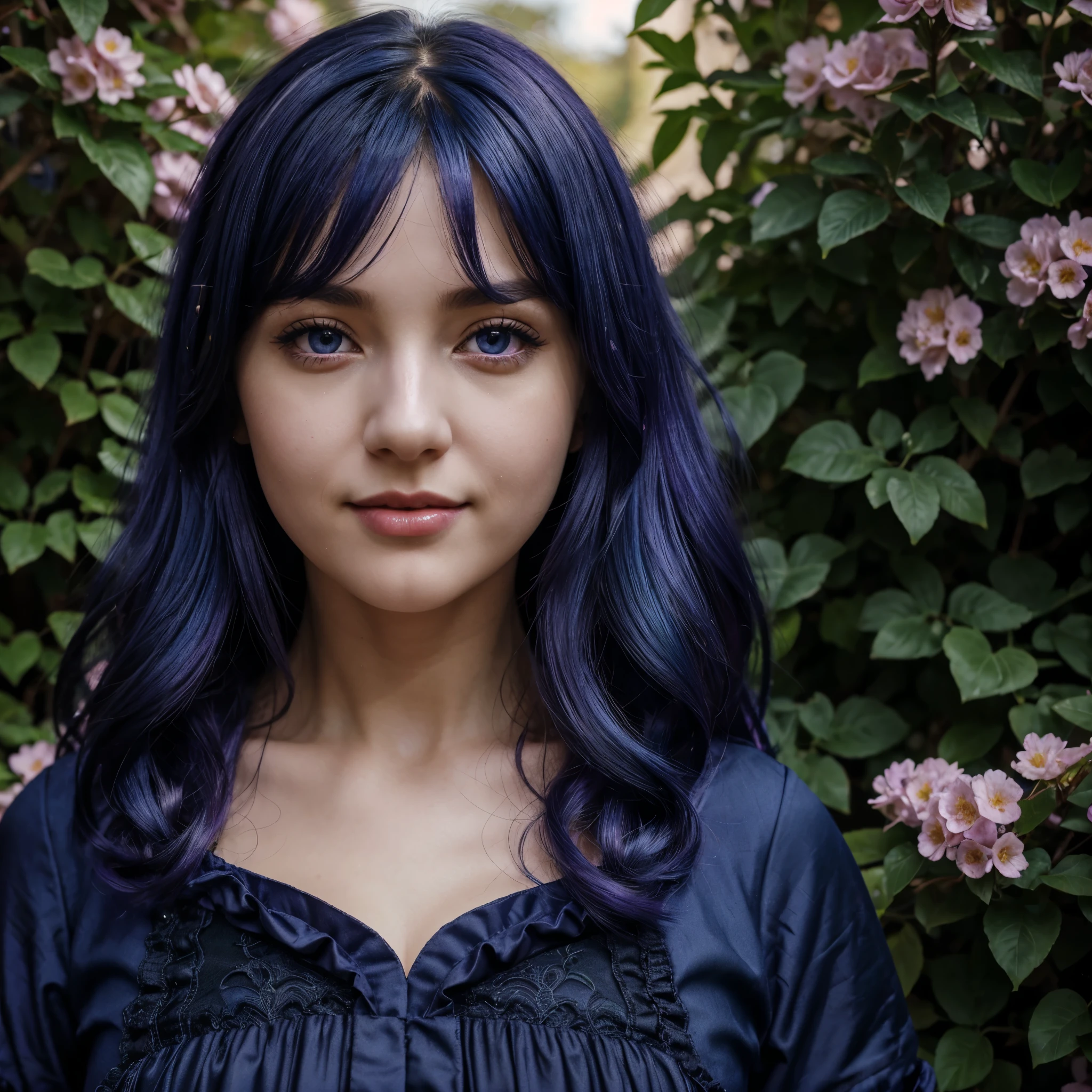 (absurdres, highres, ultra detailed), masterpiece, hinata(boruto), ((solo)), 1girl,medium breasts, long purple victorian style dress, closed mouth, (((long hair))),standing, the bodice and the skirt pattern, frill skirt, lace, blink blink effect, (((detailed lips))), garden, pink and yellow flowers, ((realistic skin)), glowing skin, ((glossy red lips)), purple eyes, portrait, beautiful, smile, (((dark blue hair))), bust crop, normal skin