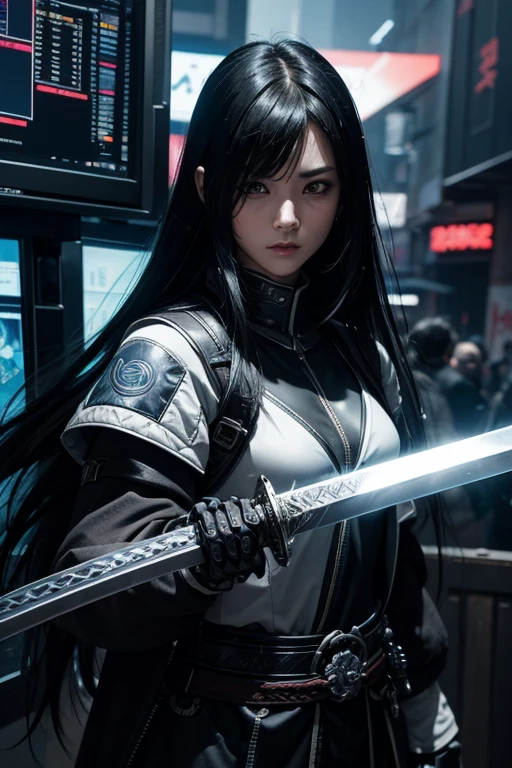 High resolution、8k、Digital Cyberpunk Art、Long black hair、Wear cyberpunk white and blue samurai armor、Japanese women、Medium chest、In front of countless monitors、(dynamic pose hand holding a sword gripping sword in hand)