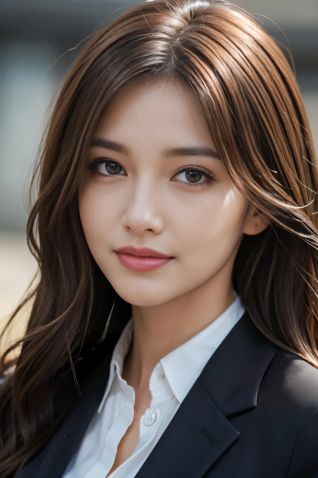 Tabletop, highest quality, Realistic, Super detailed, In detail, High resolution, 8k wallpaper, 1. Beautiful Women,, Light brown messy hair, Wearing a business suit, Sharp focus, Perfect dynamic composition, Beautiful fine details, Fine hair, Detailed and realistic skin texture, smile, Close-up portrait, Model Body Type