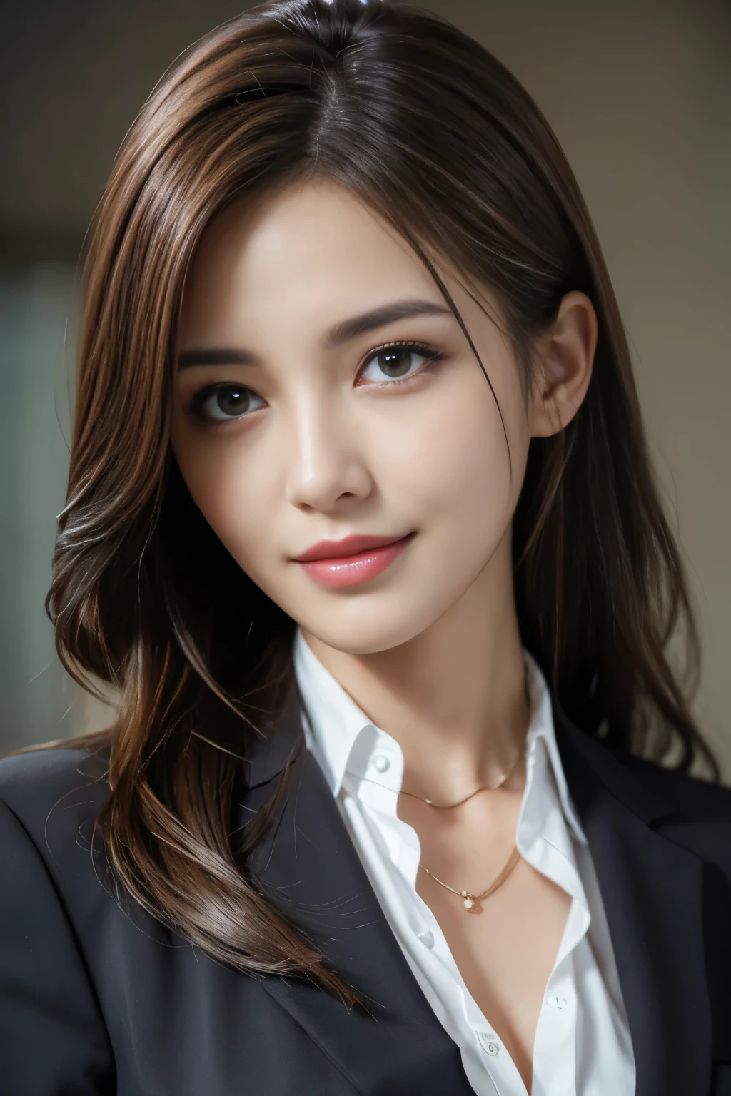Tabletop, highest quality, Realistic, Super detailed, In detail, High resolution, 8k wallpaper, 1. Beautiful Women,, Light brown messy hair, Wearing a business suit, Sharp focus, Perfect dynamic composition, Beautiful fine details, Fine hair, Detailed and realistic skin texture, smile, Close-up portrait, Model Body Type