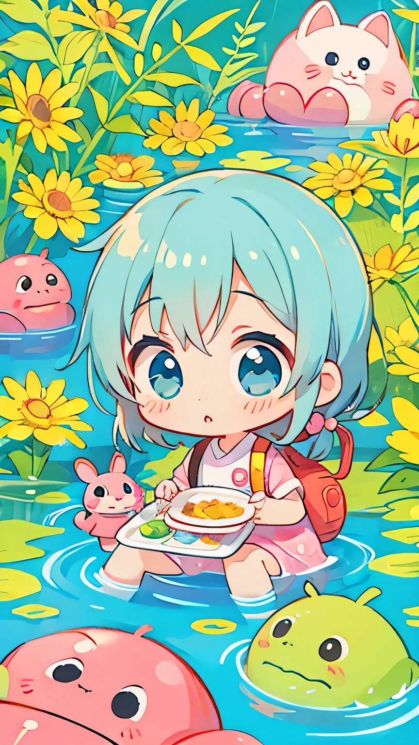 watase Seizo style, Kawaii Design, The most beautiful girl of all time、Chibi, play together、Colorful and cute pillbugs