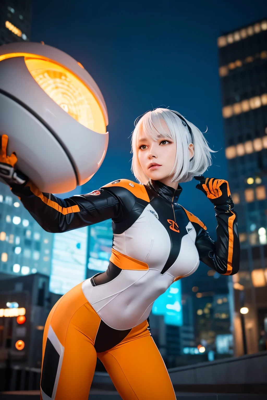 A girl with white hair wears an orange and white mechanical suit。She is in a quadruped pose.、The suit has a mechanical tail。Her eyes are big、Green、Makes you feel strong-willed。

The suit&#39;s design is futuristic.、It features sharp claws and metal parts.。Orange and white colour scheme stands out、The overall impression is energetic and powerful.。

The background is simple、The silhouette of a futuristic city is faintly drawn.、Designed to highlight the girl&#39;s mecha suit。The overall atmosphere is futuristic.、The girl&#39;s presence is outstanding.。
