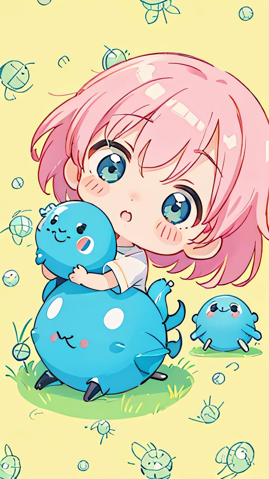 watase Seizo style, Kawaii Design, The most beautiful girl of all time、Chibi, play together、Colorful and cute pillbugs