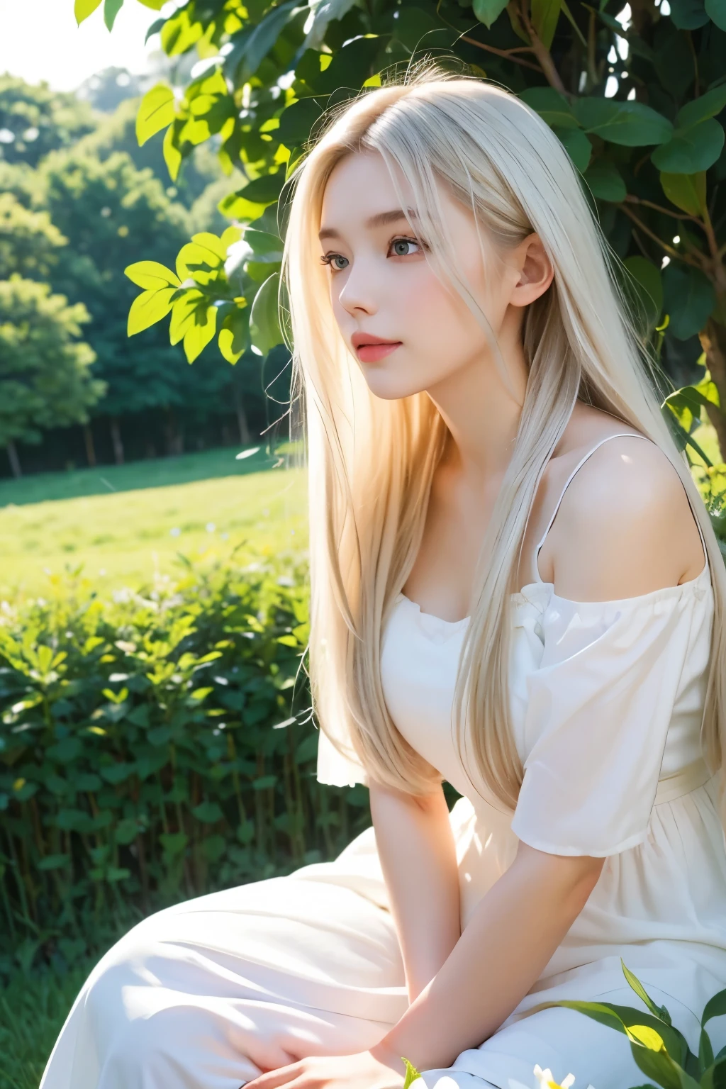 (masterpiece, best quality),1Beautiful girl with long white hair sitting in a field of green plants and flowers, Her hands are under her chin, warm lighting, white dress, blurry view