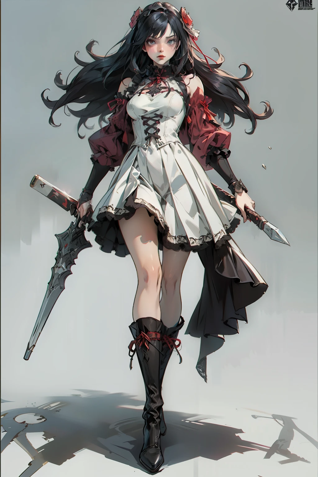 ((best quality)), ((masterpiece)), (detailed), blank white background, plain background, white background, red and white clothing, Bloodborne inspired, occult aesthetic, occult, occult paraphernalia, detailed and intricate steampunk and detailed gothic, NSFW, Very dramatic and cinematic lighting, cosmic horror, grim-dark, side-lighting, perfect face, NSFW, Fluttering lace flared long knee length dress with frilly petticoats, knee length dress, pleated petticoats, ta dress, petticoats gothic lolicomplex lace boots, side-lighting, gothic lolita aetic, wielding mighty mechanical melee weapons, mechanical components, carbine, NSFW, beautiful small breasts, small breasts, full body, whole body, body, plain background, white background, blank background, no background, white background NSFW, full body, whole body, head-to-toe NSFW
