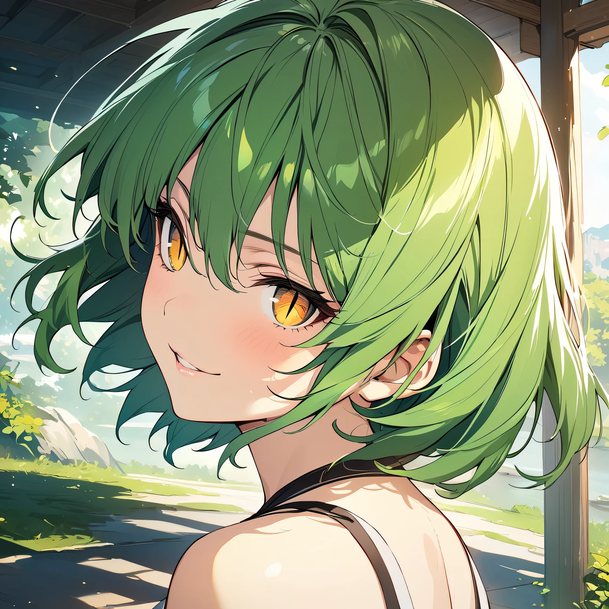 (masterpiece),(best quality),(ultra-detailed),(best illustration),(best shadow),(absurdres),(detailed background),(very aesthetic), hikage(senrankagura), green hair, yellow eyes, short hair, slit pupils, portrait, very close-up, seductive smile, 