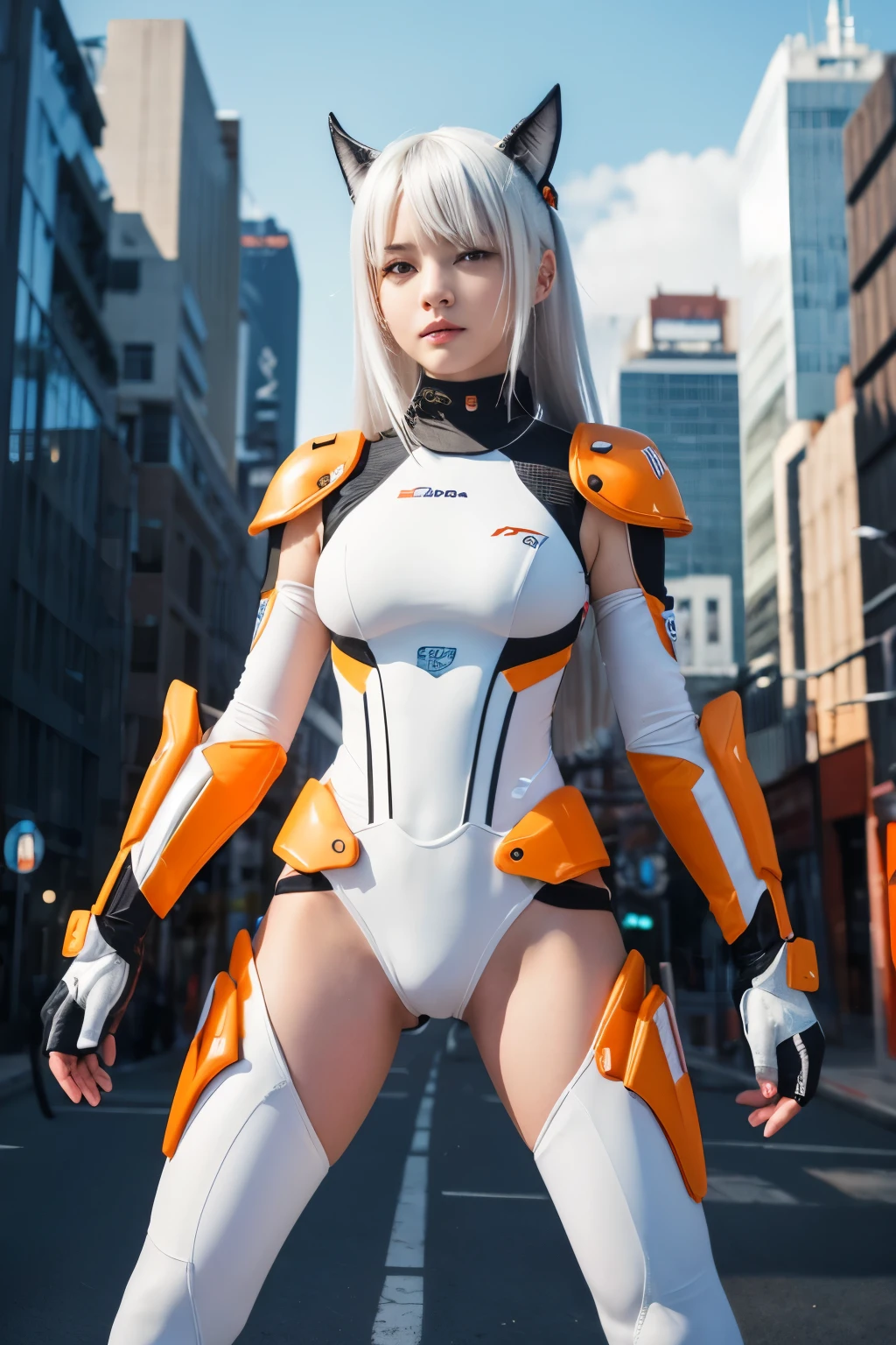 A girl with white hair wears an orange and white mechanical suit。She is in a quadruped pose.、The suit has a mechanical tail。Her eyes are big、Green、Makes you feel strong-willed。
The suit's design is futuristic.、It features sharp claws and metal parts.。Orange and white colour scheme stands out、The overall impression is energetic and powerful.。
The background is simple、The silhouette of a futuristic city is faintly drawn.、Designed to highlight the girl's mecha suit。The overall atmosphere is futuristic.、The girl's presence is outstanding.。