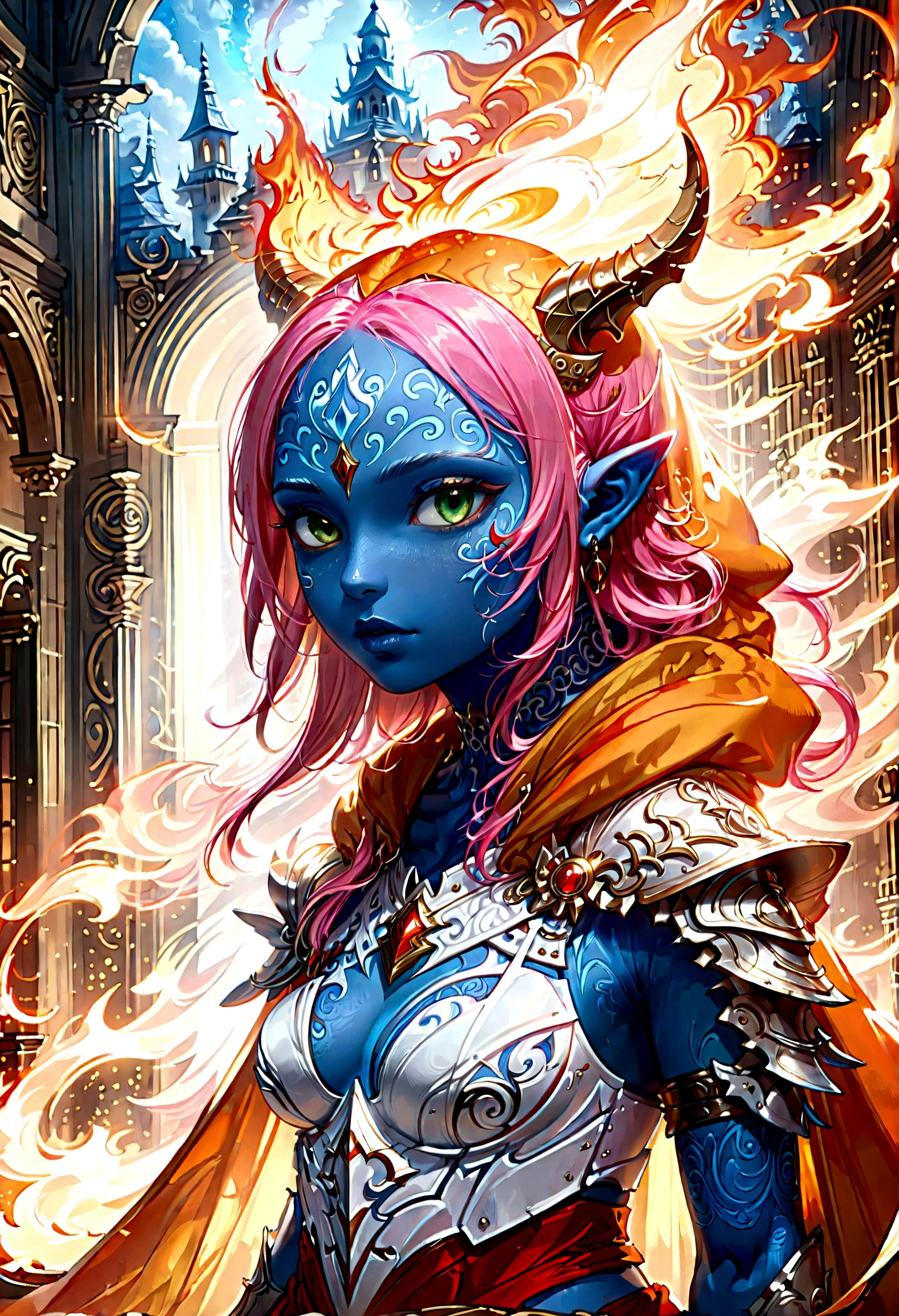 fantasy art, dnd art, RPG art, wide shot, (masterpiece: 1.4) a (portrait: 1.3) intense details, highly detailed, photorealistic, best quality, highres, portrait a female (fantasy art, Masterpiece, best quality: 1.3) ((blue skin: 1.5)), intense details facial details, exquisite beauty, (fantasy art, Masterpiece, best quality) cleric, (blue skinned: 1.3) female, (pink hair: 1.3), long hair, (no ears: 1.5), (green eyes: 1.3), armed with a fiery sword red fire, wearing (white armor: 1.3), wearing high heeled laced boots, wearing an (orange cloak:1.3), wearing glowing holy symbol GlowingRunes_yellow, within fantasy temple background, reflection light, high details, best quality, 16k, [ultra detailed], masterpiece, best quality, (extremely detailed), close up, ultra wide shot, photorealistic, RAW, fantasy art, dnd art, fantasy art, realistic art,((best quality)), ((masterpiece)), (detailed), perfect face,2d anime hand-drawn digital sketch style