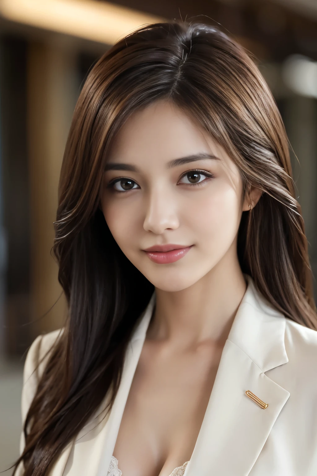 Tabletop, highest quality, Realistic, Super detailed, In detail, High resolution, 8k wallpaper, 1. Beautiful Women,, Light brown messy hair, Wearing a business suit, Sharp focus, Perfect dynamic composition, Beautiful fine details, Fine hair, Detailed and realistic skin texture, smile, Close-up portrait, Model Body Type