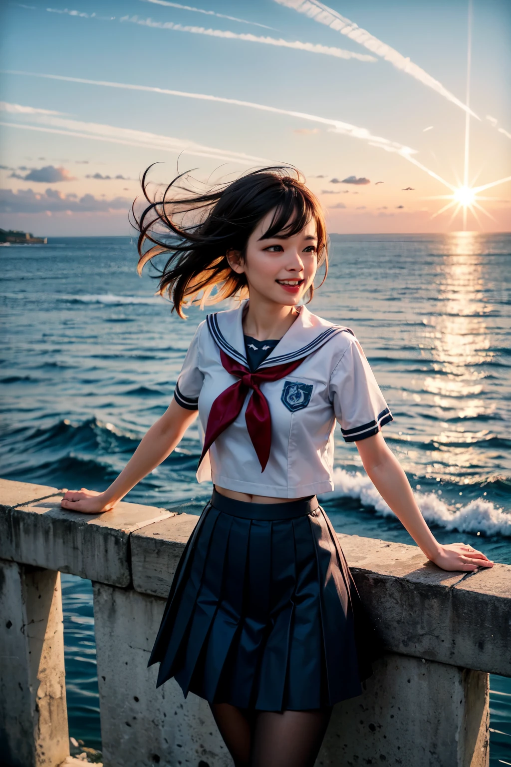 very cute and beautiful school girl viewing sea on hilltop,(highly detailed beautiful face),
(smile:1.2),happy,cowboy shot,sailor ,short sleeve,pleated navy blue mini skirt,medium hair,black hair,zettai ryouiki,
(looking at sea,from top of hill),lighthouse,many houses with red roof,detailed landscape,
(best quality,masterpiece),absurdres,highres,ultra-detailed,extremely detailed,32k,8k resolution,
intricate details,cinematic scene,detailed background,solo,dynamic angle,
natural lighting,hair fluttering in the wind,beautiful detailed sky,