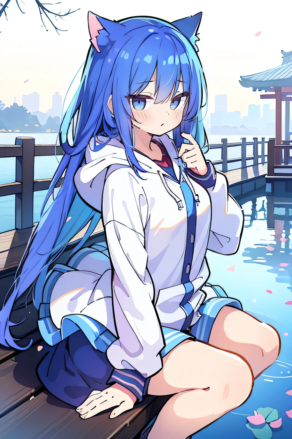 (best quality,4k,8k,highres,masterpiece:1.2),ultra-detailed,(realistic,photorealistic,photo-realistic:1.37), expressive eyes, fair skin, perfect face shape, 1 girl, Japanese comics, gorgeous blue hair, flowing blue hair, flowing clothes, cat ears, falling petals, beautiful lola, baby angel, shaking head with one hand, cross your legs, gentle and peaceful background, cool and comfortable pavilion, smile, wearing hoodie, background of Tokyo, back views, snowing, winter, hand on mouth.