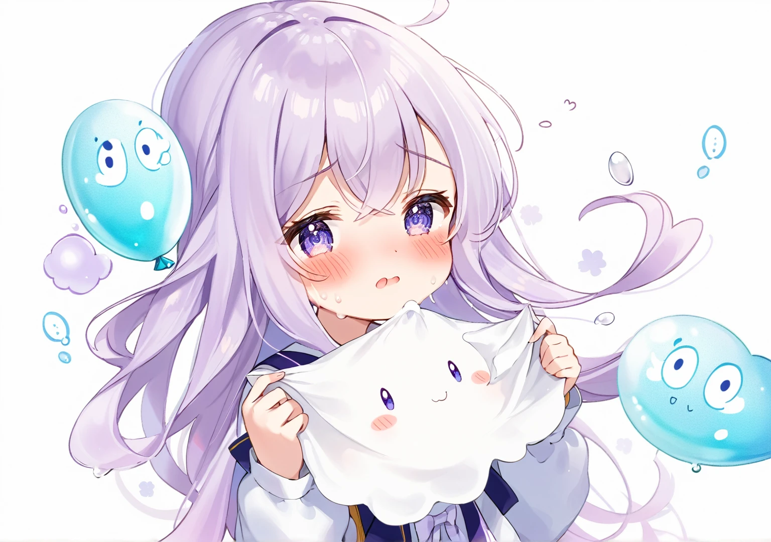 ,Flowing milky white lavender gradient long hair lavender pupils,blush,shy,Fear