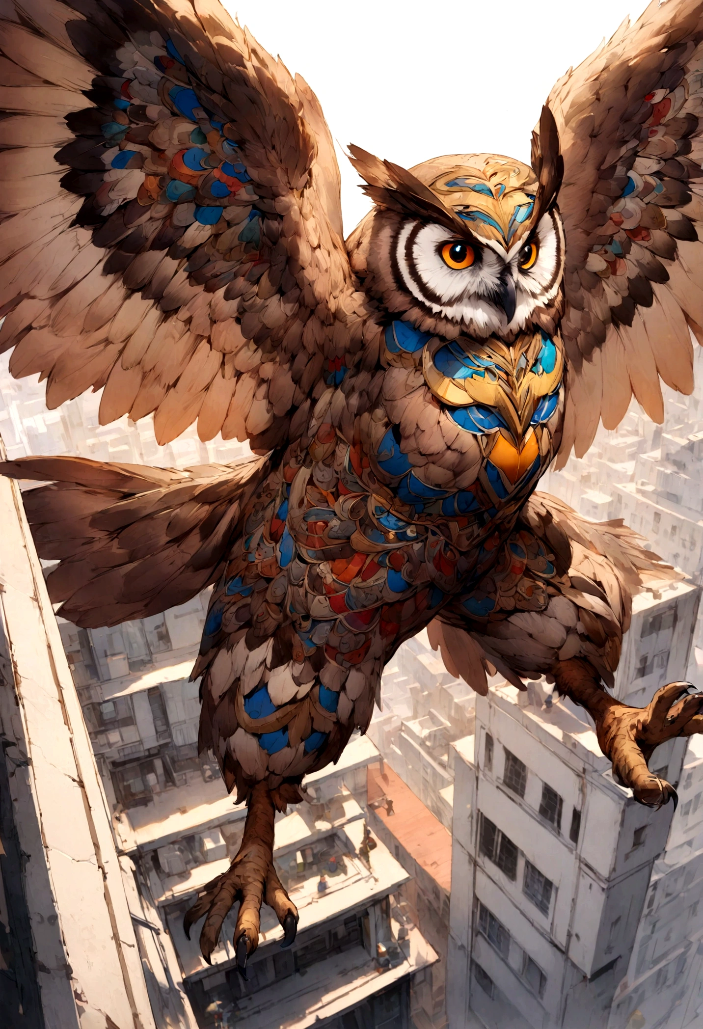 Man in superhero outfit inspired by an owl, on top of a building,