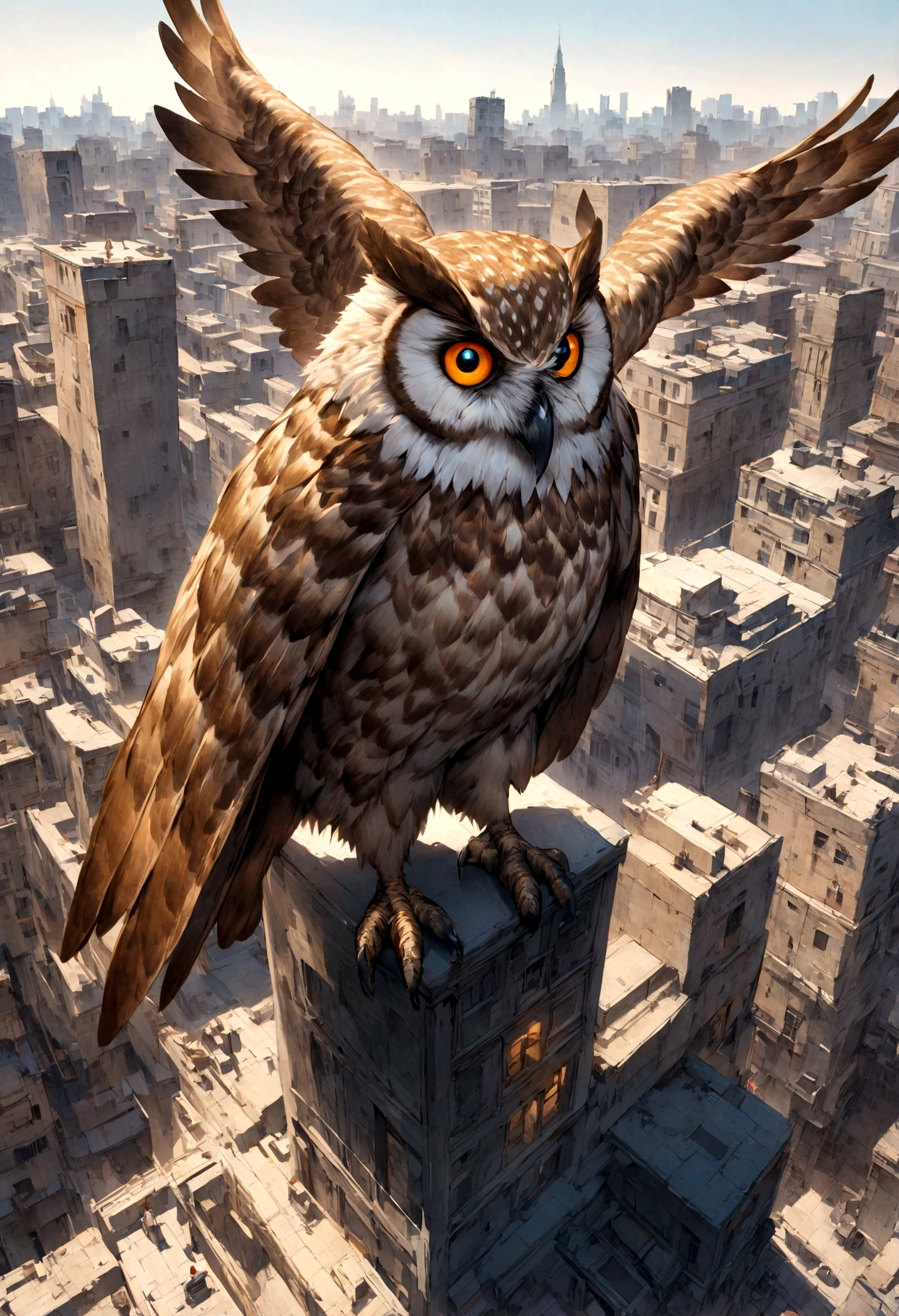 Man in superhero outfit inspired by an owl, on top of a building,