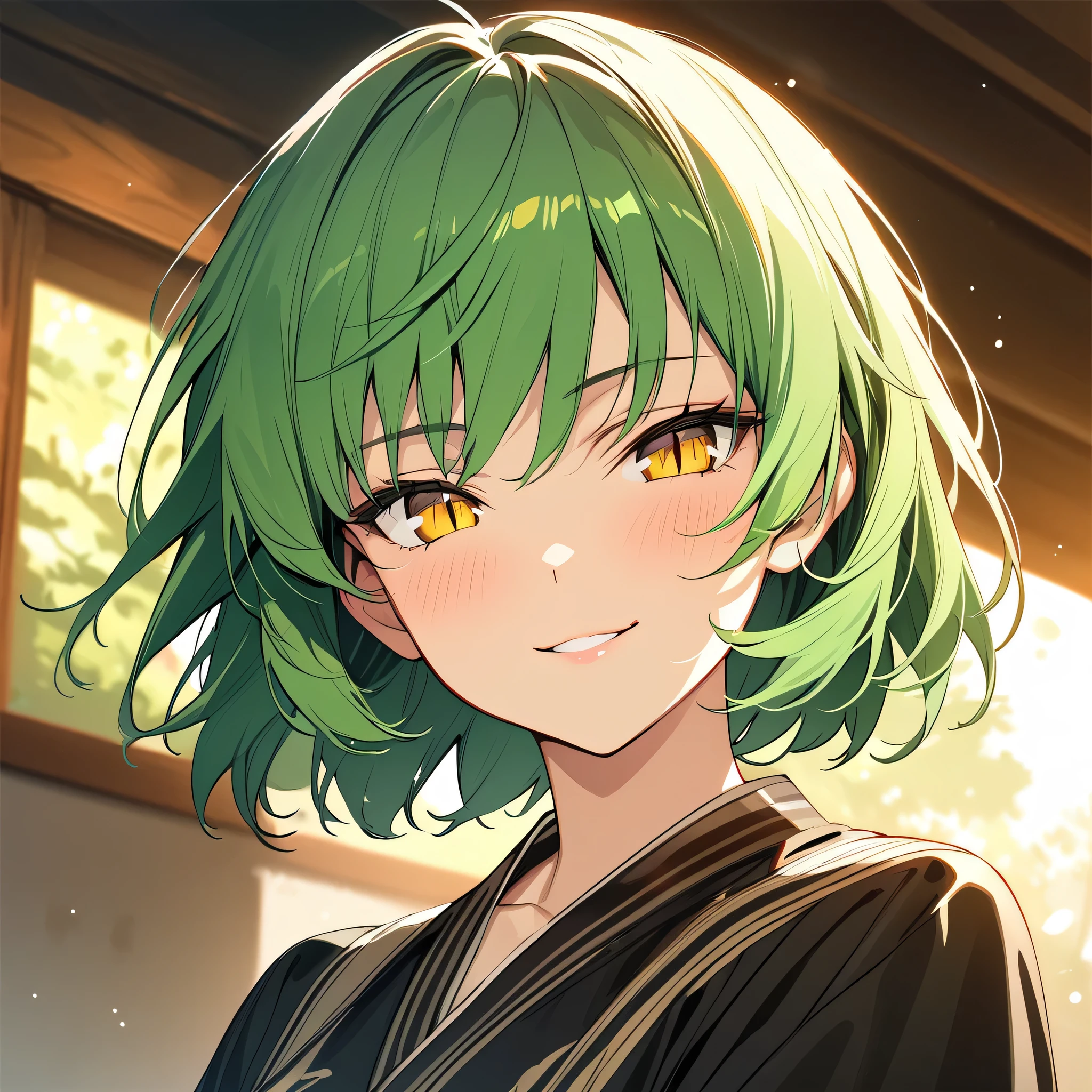 (masterpiece),(best quality),(ultra-detailed),(best illustration),(best shadow),(absurdres),(detailed background),(very aesthetic), hikage(senrankagura), green hair, yellow eyes, short hair, slit pupils, portrait, very close-up, seductive smile, 