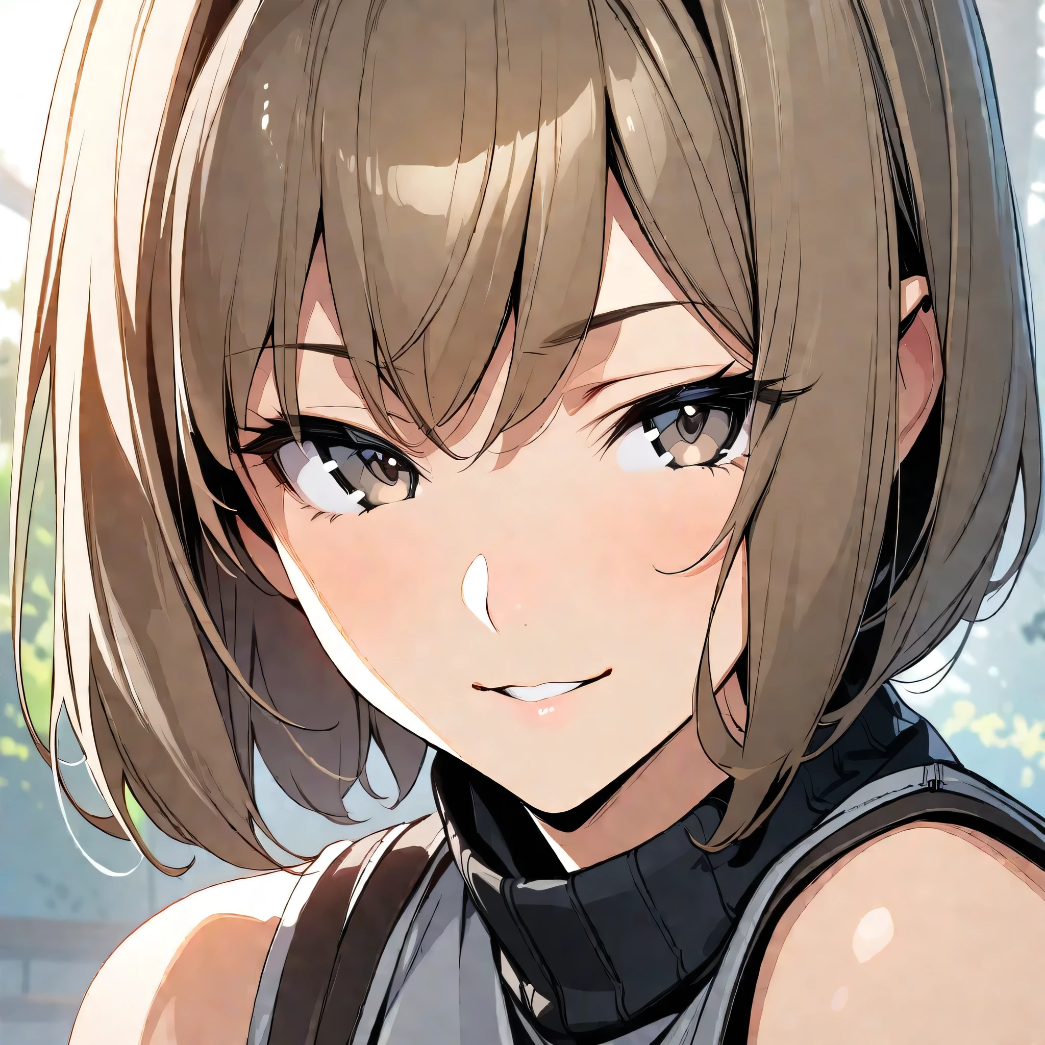 (masterpiece),(best quality),(ultra-detailed),(best illustration),(best shadow),(absurdres),(detailed background),(very aesthetic), nitta_io(ds2), brown hair, grey eyes, short hair, very close-up, , portrait, seductive smile,