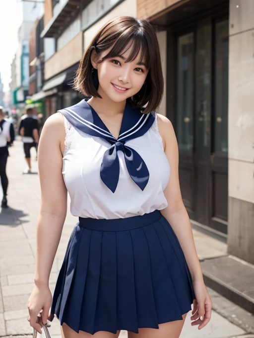 A sleeveless sailor suit that shows off her voluptuous huge breasts。The huge nipples and areola are a deep dark brown in color and stand out.。The pleated skirt is very short、With her legs spread, her plump thighs and white lace panties are clearly visible.。Navy blue very short socks and dark brown glossy々loafers。Short hair and a cute smile。Background on the street in the city。