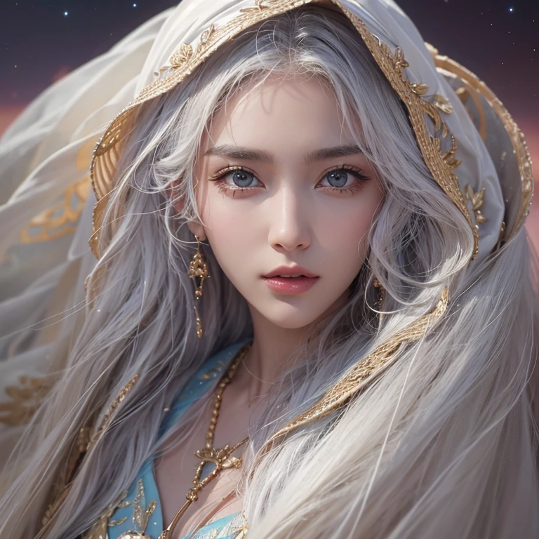 (highest quality、masterpiece、8k、Best image quality、Ultra-high resolution、Award-winning works)、A beautiful white-haired woman watches over us from afar in the desert.., Where the moonlight shines.、Ancient Islamic clothing、Beautiful face drawn in every detail