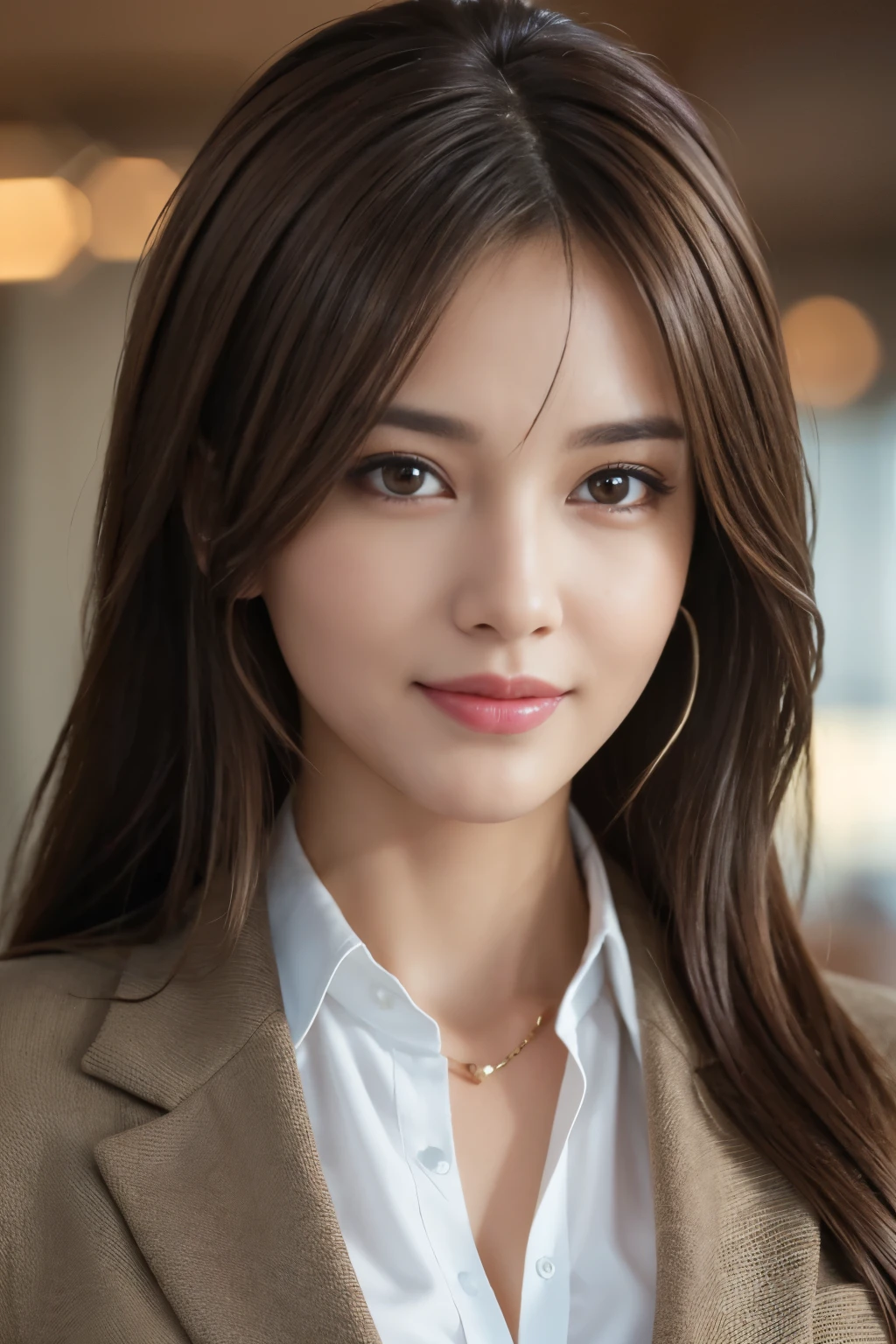 Tabletop, highest quality, Realistic, Super detailed, In detail, High resolution, 8k wallpaper, 1. Beautiful Women,, Light brown messy hair, Wearing a business suit, Sharp focus, Perfect dynamic composition, Beautiful fine details, Fine hair, Detailed and realistic skin texture, smile, Close-up portrait, Model Body Type