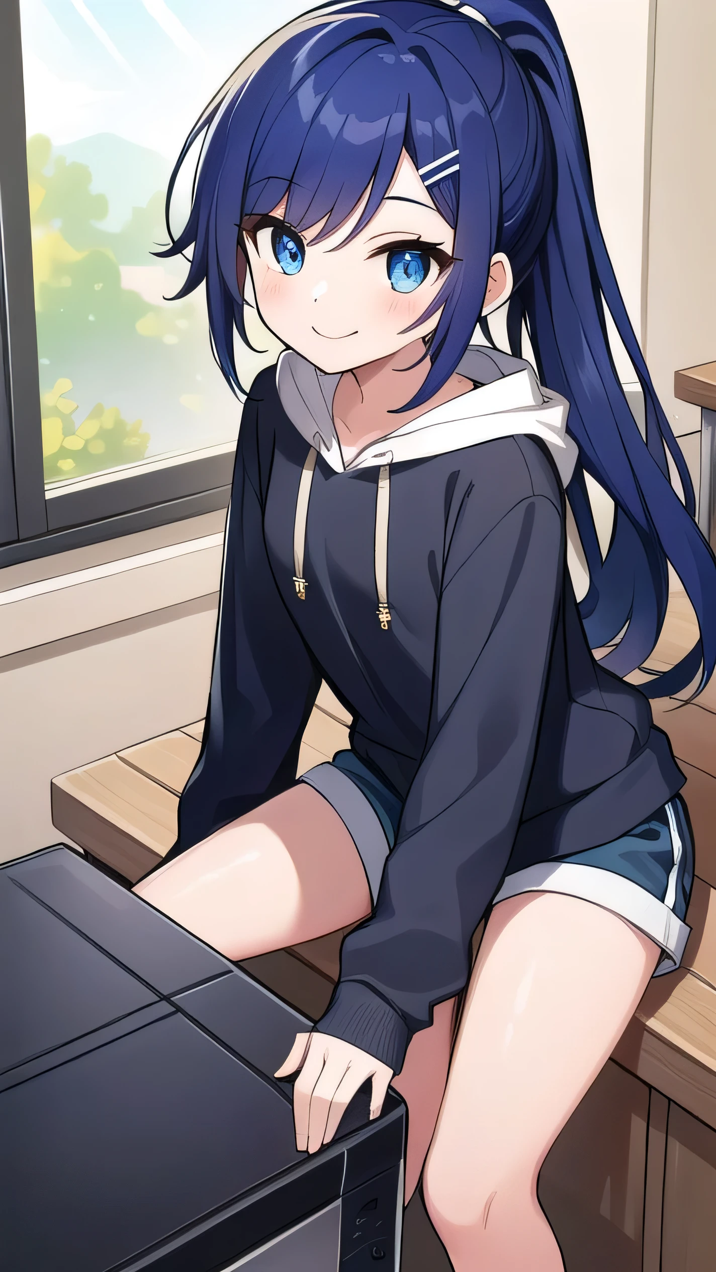 Blue-purple hair, dark blue eyes, long hair, ponytail, (hairpin:1.1), long-sleeved hoodie, ,small breasts,shorts, middle school student, 14 years old, short, round eyes, sparkling eyes, owns a game console, confident, smiling a little There is,