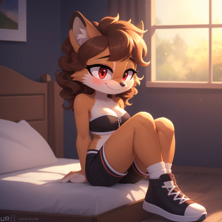 mobian, hedgehog, two-tone fur ((orange fur, brown fur)), pyjama elastic shorts, strapless crop top, cleavage, high-top sneakers, two-tone hair (brown hair, black tip)), curly hair, halo, sunglasses, jewelry, red eyes, longeyelashes, red eyes, smile, shy, blush, high detail, masterpiece, UHD, anatomically correct, super detail, highres, 4K